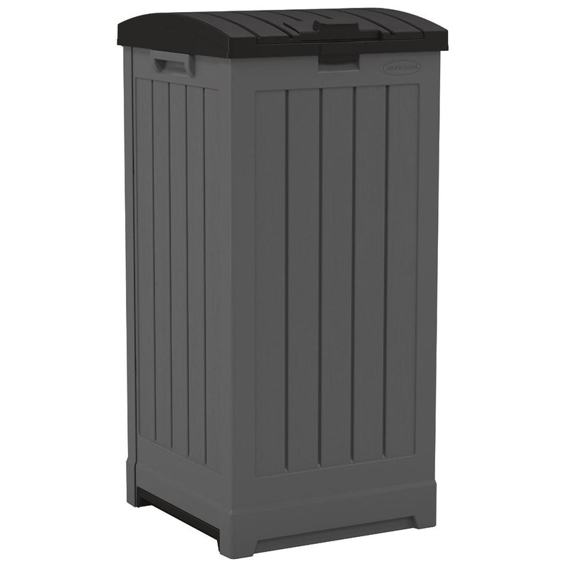 Suncast Trash Hideaway 39 Gallon Outdoor Trash Can Patio Waste Bin, Peppercorn