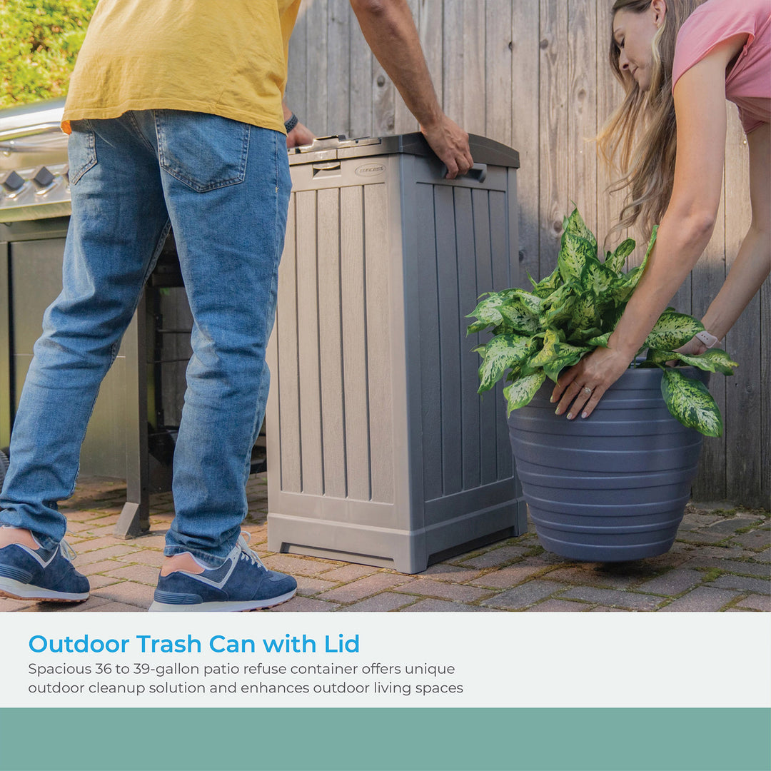 Suncast Trash Hideaway 39 Gallon Outdoor Trash Can Patio Waste Bin, Peppercorn - VMInnovations