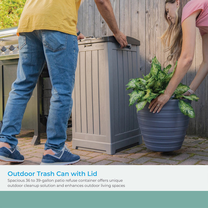 Suncast Trash Hideaway 39 Gallon Outdoor Trash Can Patio Waste Bin, Peppercorn - VMInnovations