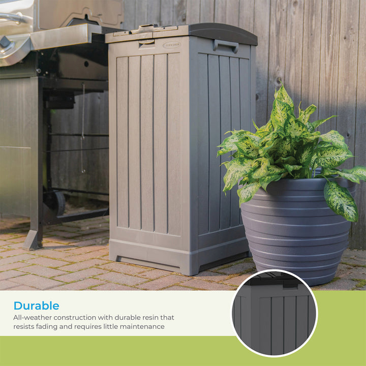Suncast Trash Hideaway 39 Gallon Outdoor Trash Can Patio Waste Bin, Peppercorn - VMInnovations