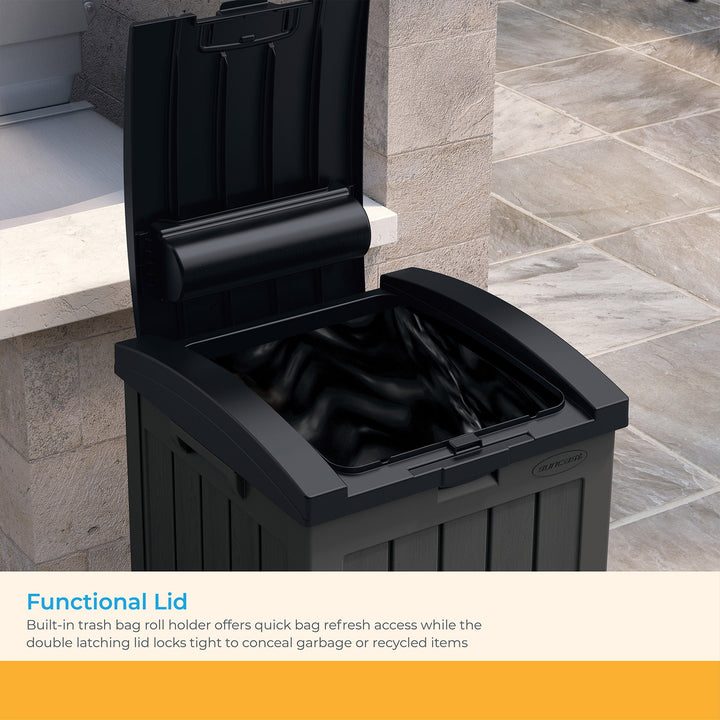 Suncast Trash Hideaway 39 Gallon Outdoor Trash Can Patio Waste Bin, Peppercorn - VMInnovations