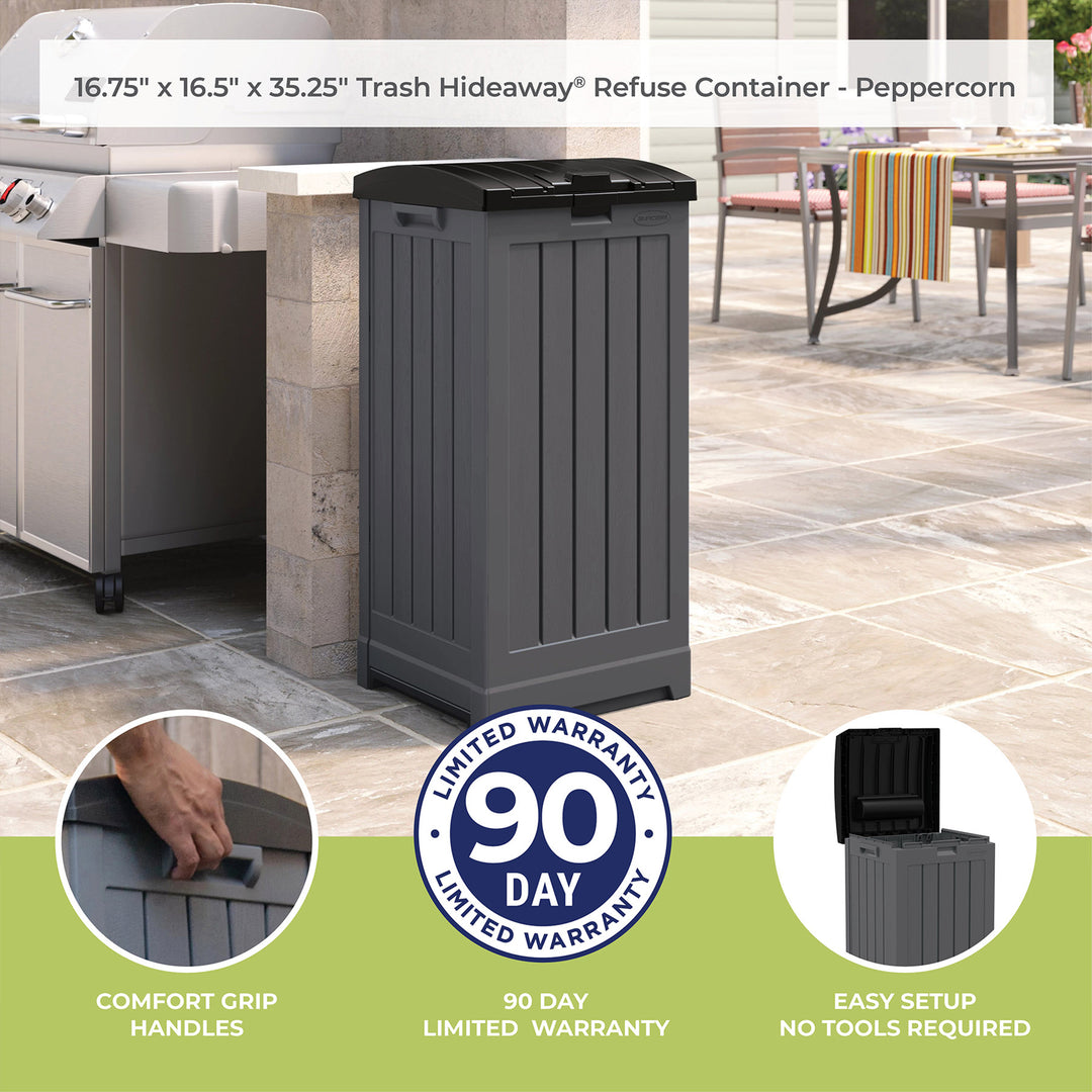 Suncast Trash Hideaway 39 Gallon Outdoor Trash Can Patio Waste Bin, Peppercorn - VMInnovations
