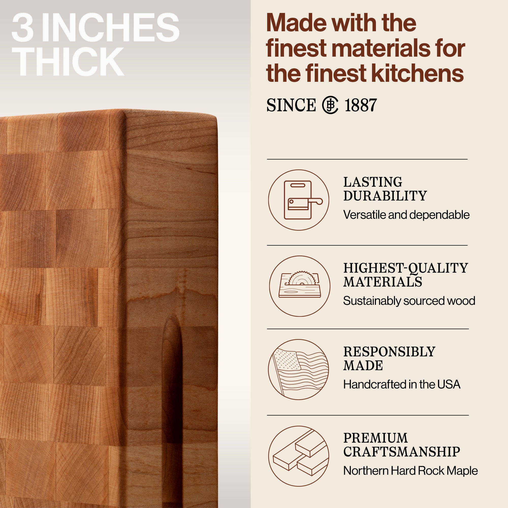 John Boos Medium Maple Wood End Grain Cutting Board for Kitchen, 15" x 15" x 3" - VMInnovations