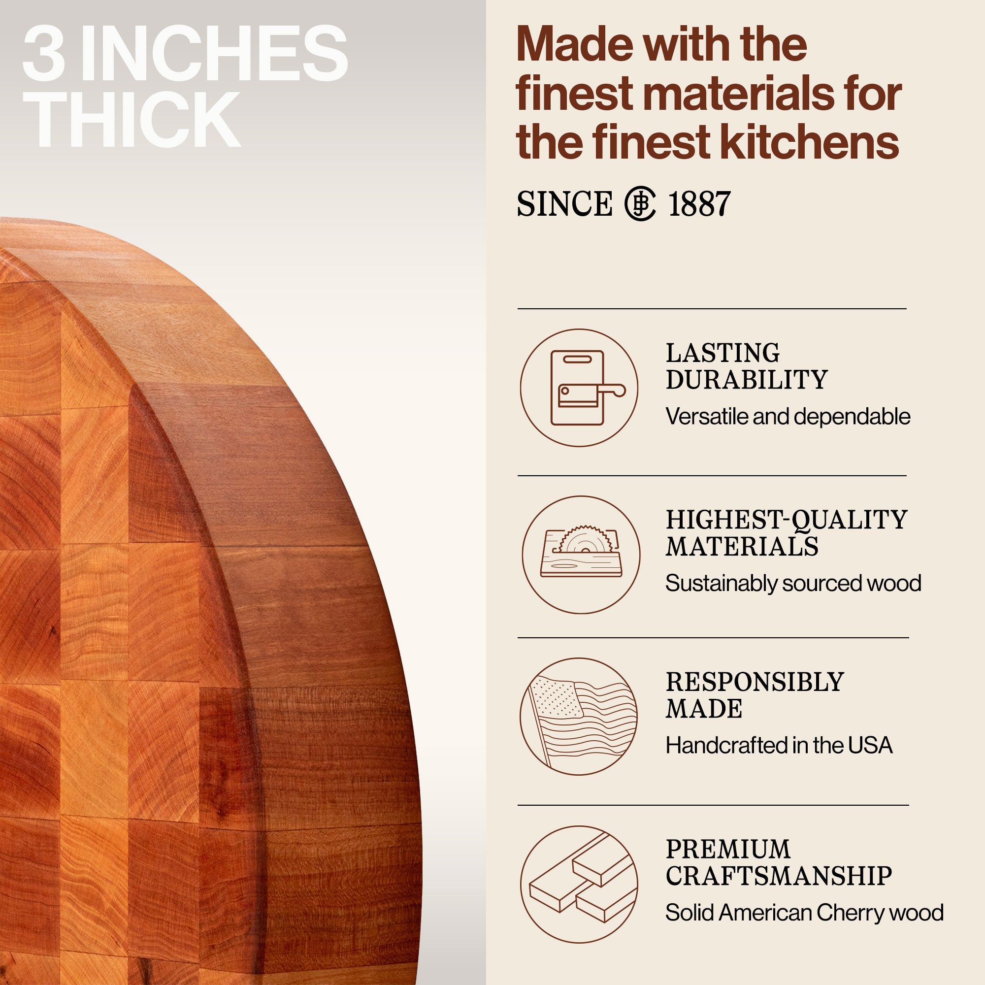 John Boos Cherry Wood End Grain Round Cutting Board, 18" x 18" x 3" (Open Box) - VMInnovations