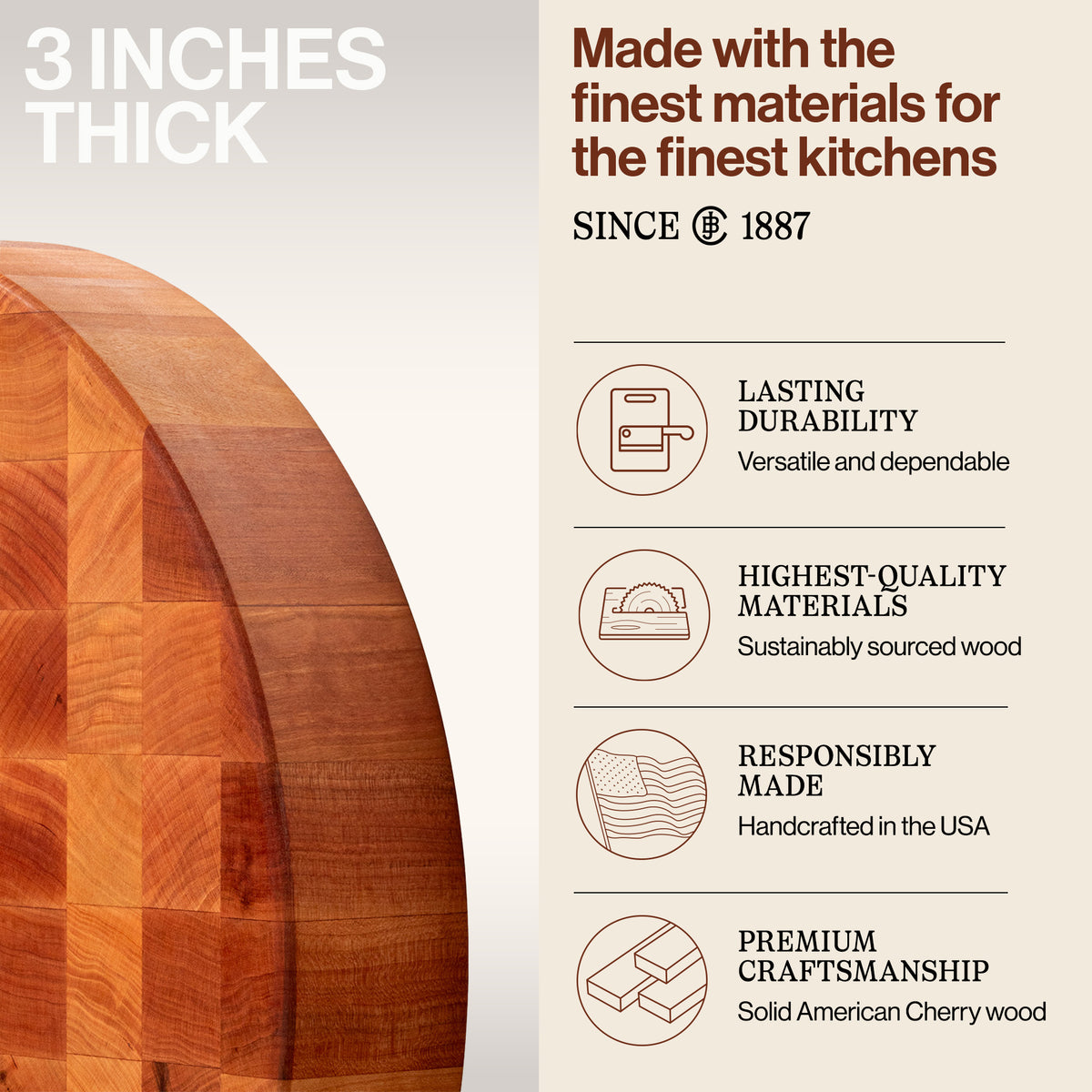John Boos Cherry Wood End Grain Round Cutting Board for Kitchen, 18" x 18" x 3"