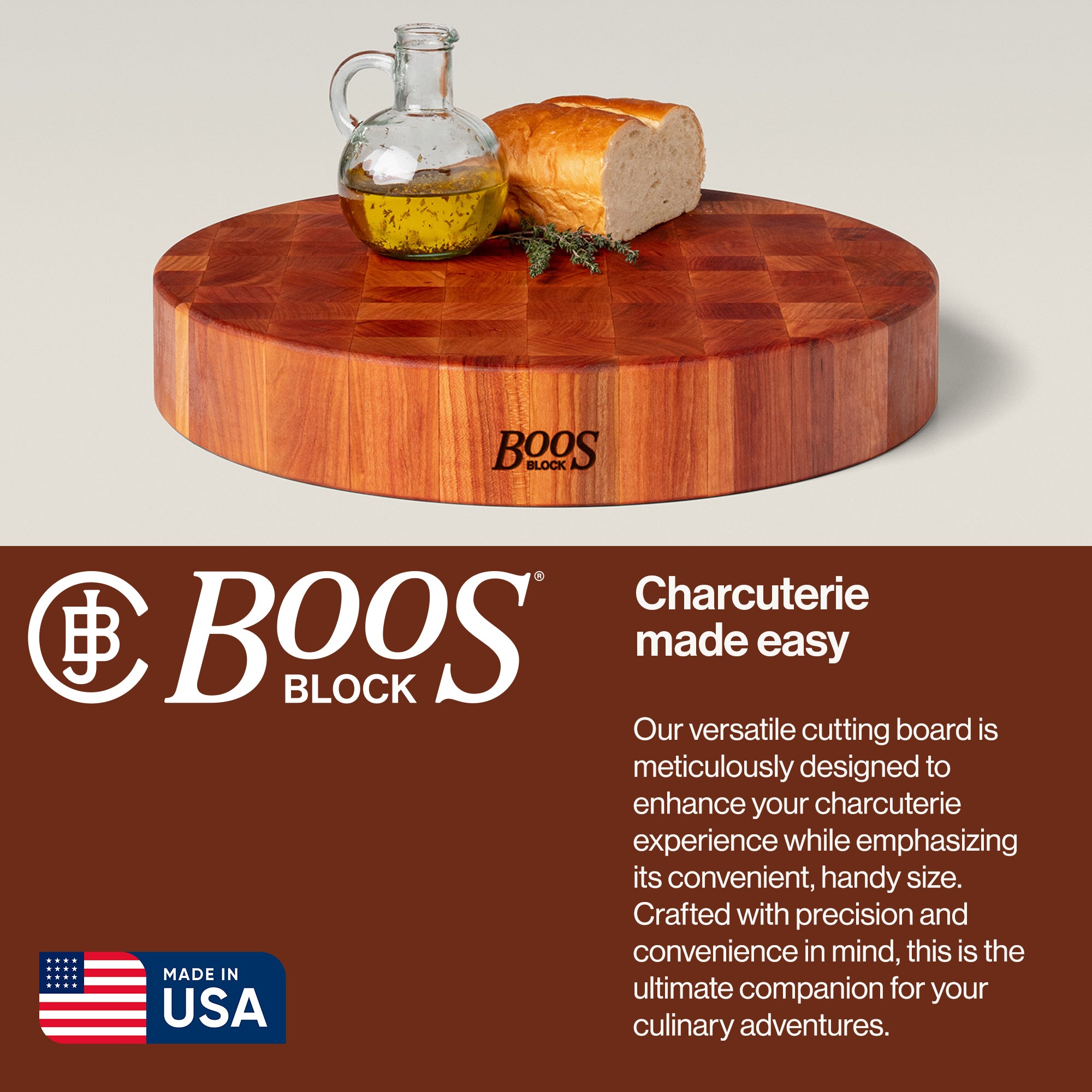 John Boos Cherry Wood End Grain Round Cutting Board, 18" x 18" x 3" (Open Box) - VMInnovations