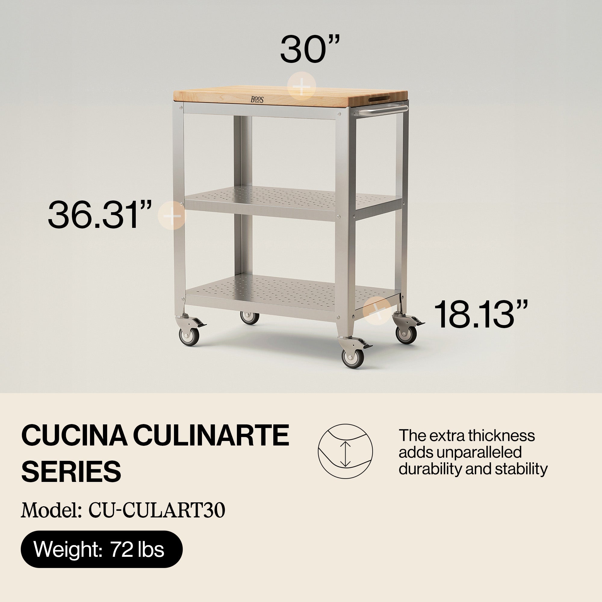John Boos Cucina Culinarte Kitchen Cart with Removable Maple Wood Cutting Board