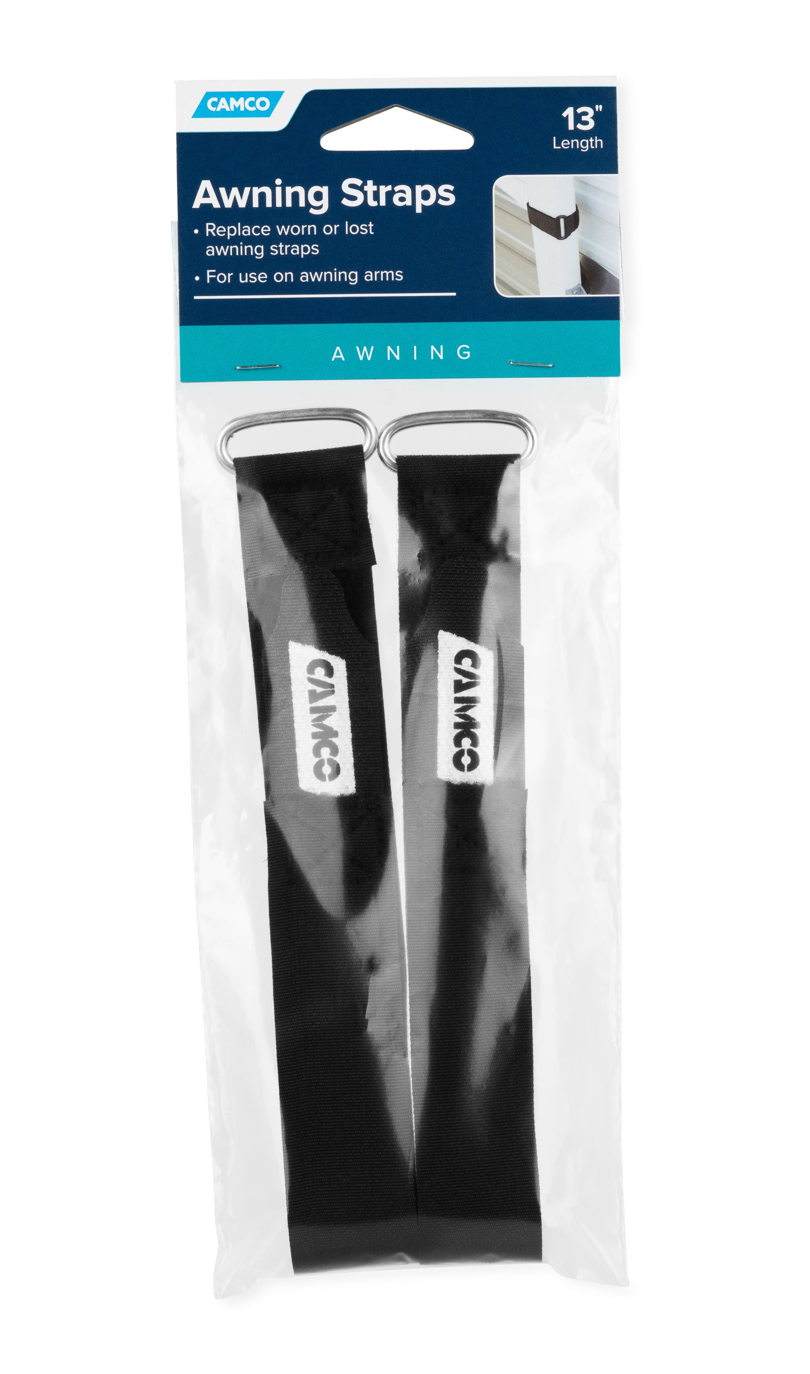 Camco 42503 Universal Fit 12 Inch Replacement Awning Strap Set with Metal D-Ring