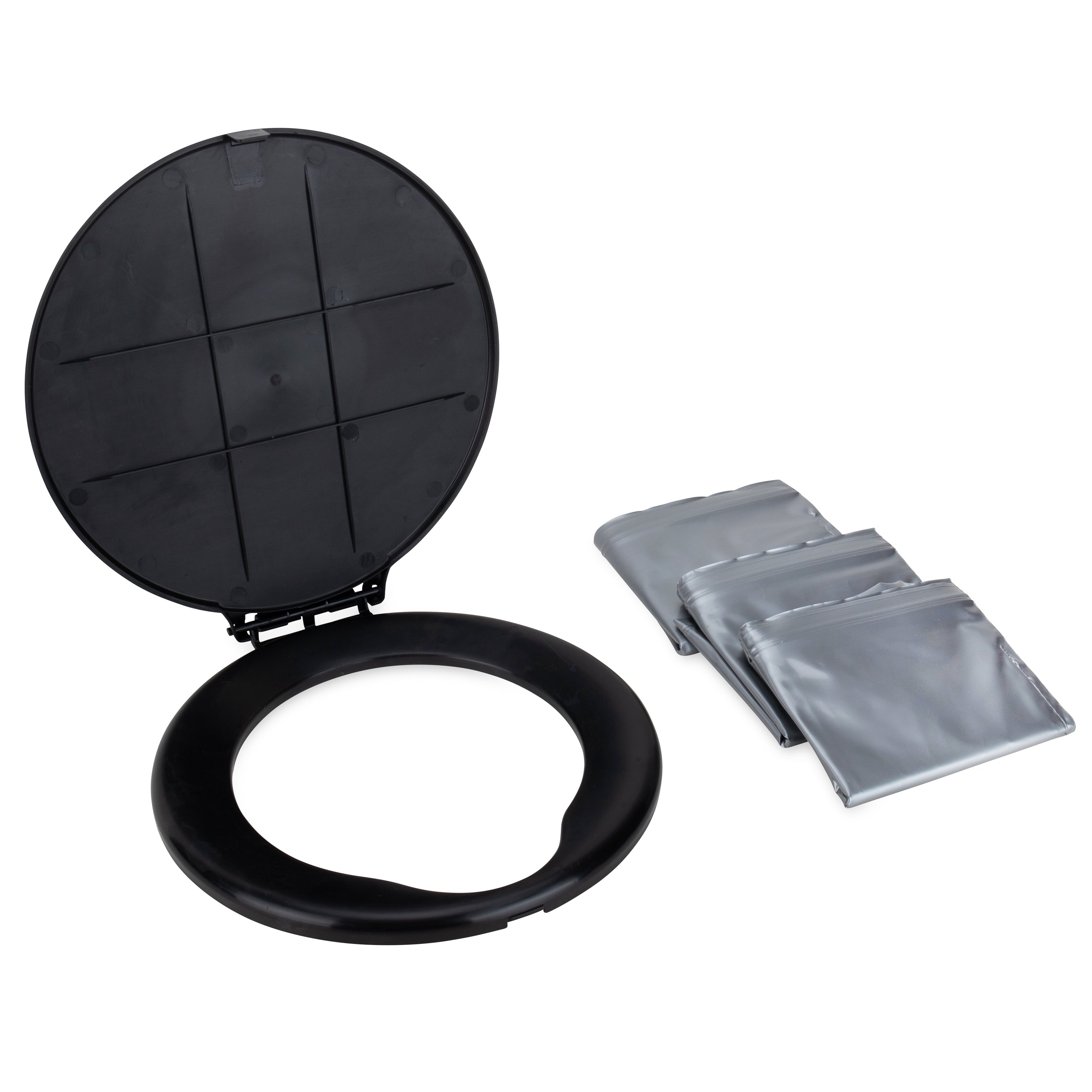 Camco Lidded Bucket Toilet Seat with 3 Waste Bags for 5 Gallon Buckets, Black - VMInnovations