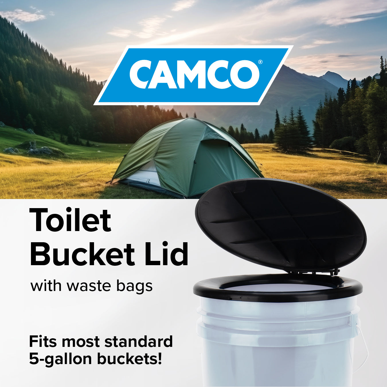 Camco Lidded Bucket Toilet Seat with 3 Waste Bags for 5 Gallon Buckets, Black - VMInnovations