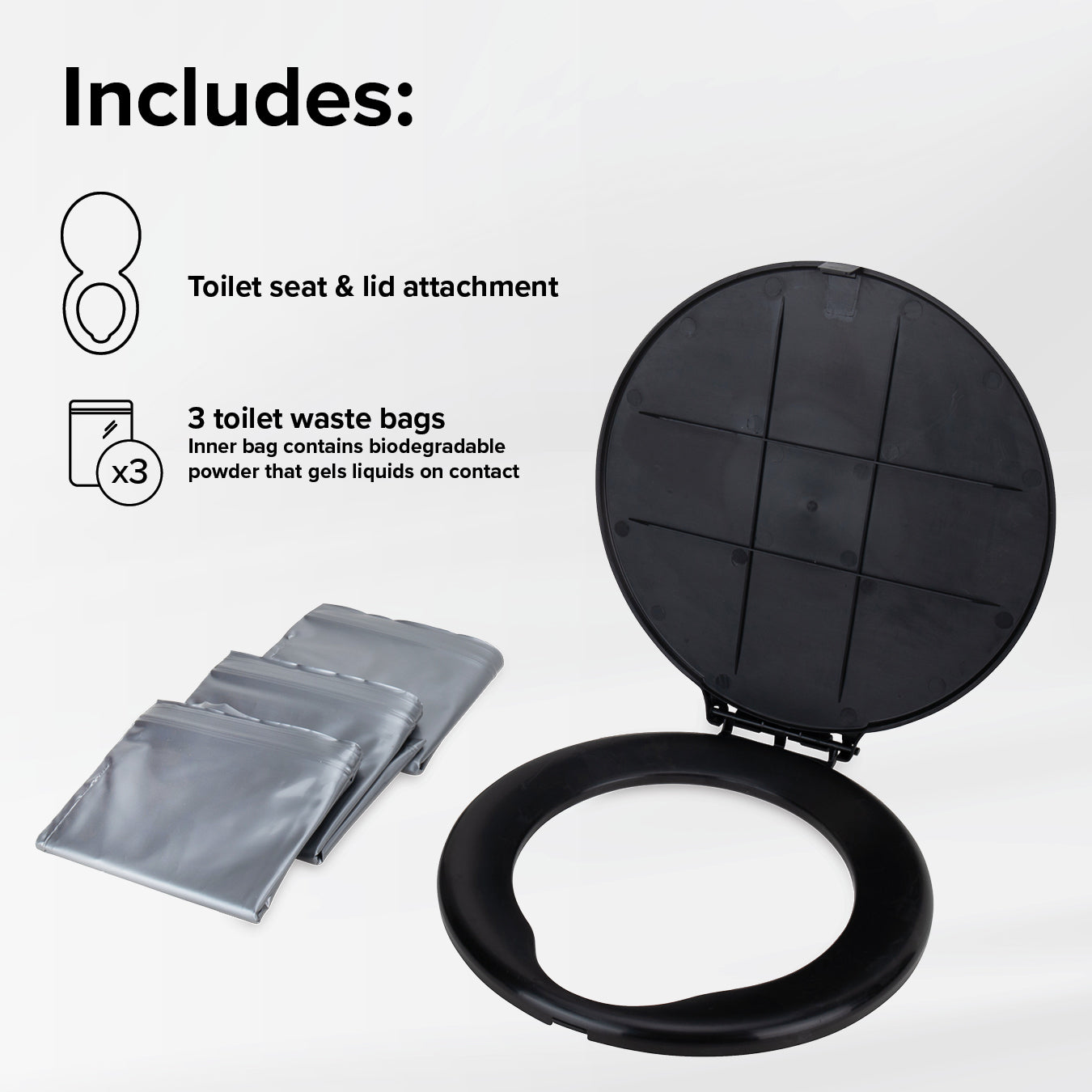 Camco Lidded Bucket Toilet Seat with 3 Waste Bags for 5 Gallon Buckets, Black - VMInnovations