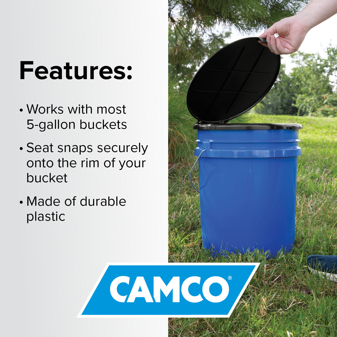 Camco Lidded Bucket Toilet Seat with 3 Waste Bags for 5 Gallon Buckets, Black - VMInnovations