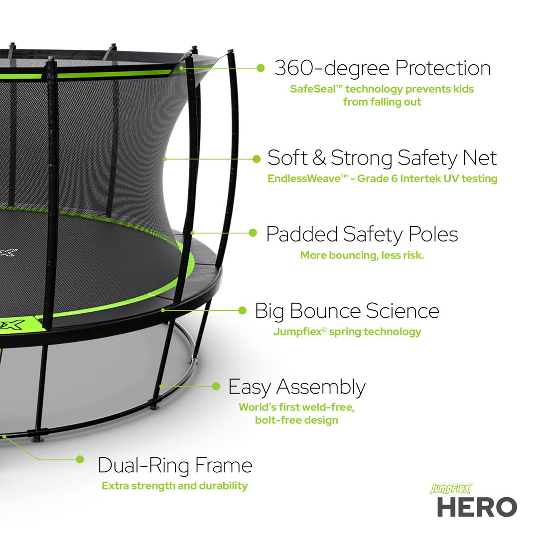 JumpFlex HERO 14' Trampoline for Kids Outdoor Play Equipment with Net & Ladder - VMInnovations