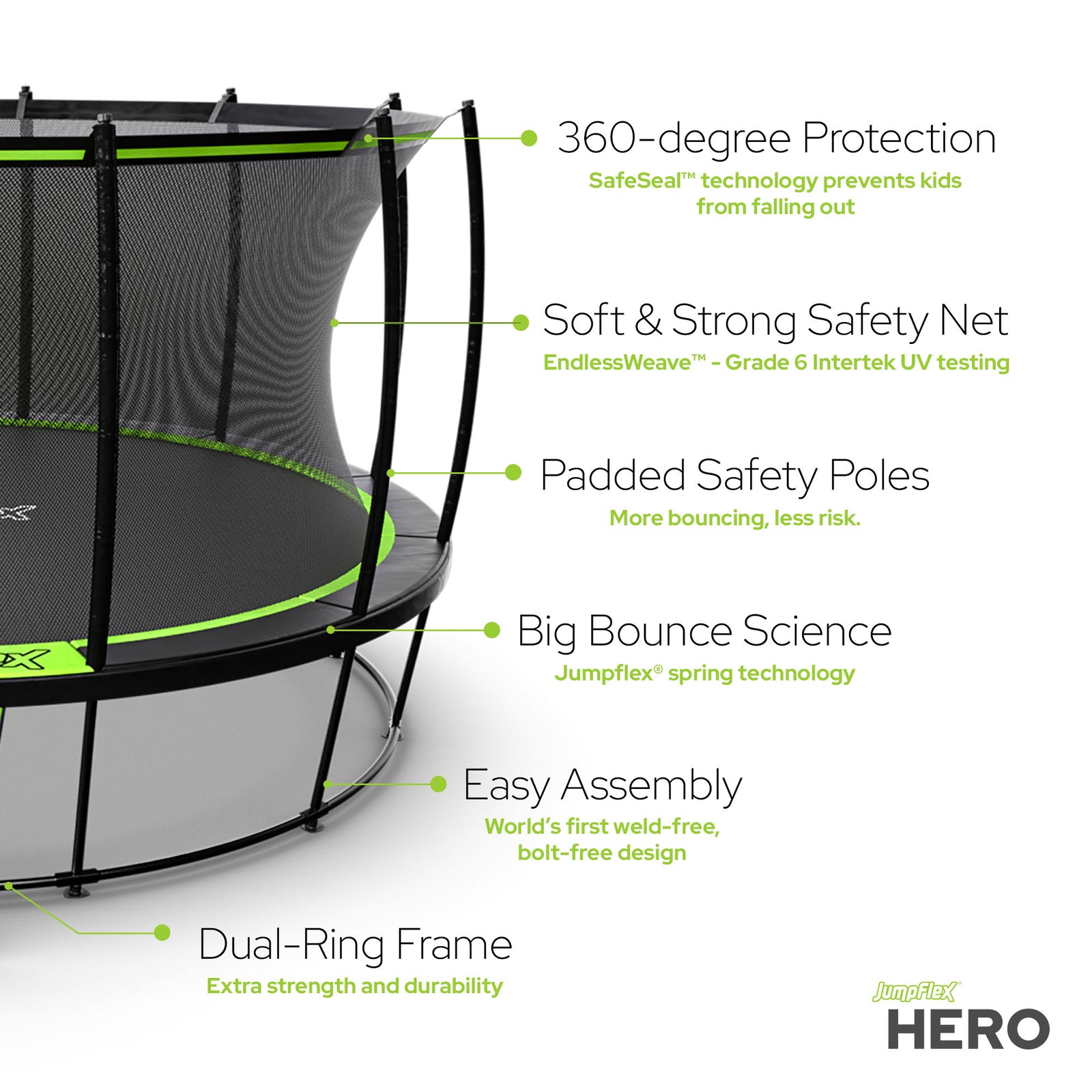 JumpFlex HERO 14' Trampoline for Kids Outdoor Play Equipment with Net & Ladder - VMInnovations