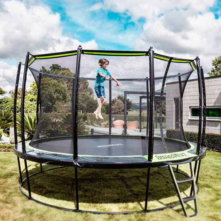 JumpFlex HERO 14' Trampoline for Kids Outdoor Play Equipment with Net & Ladder - VMInnovations