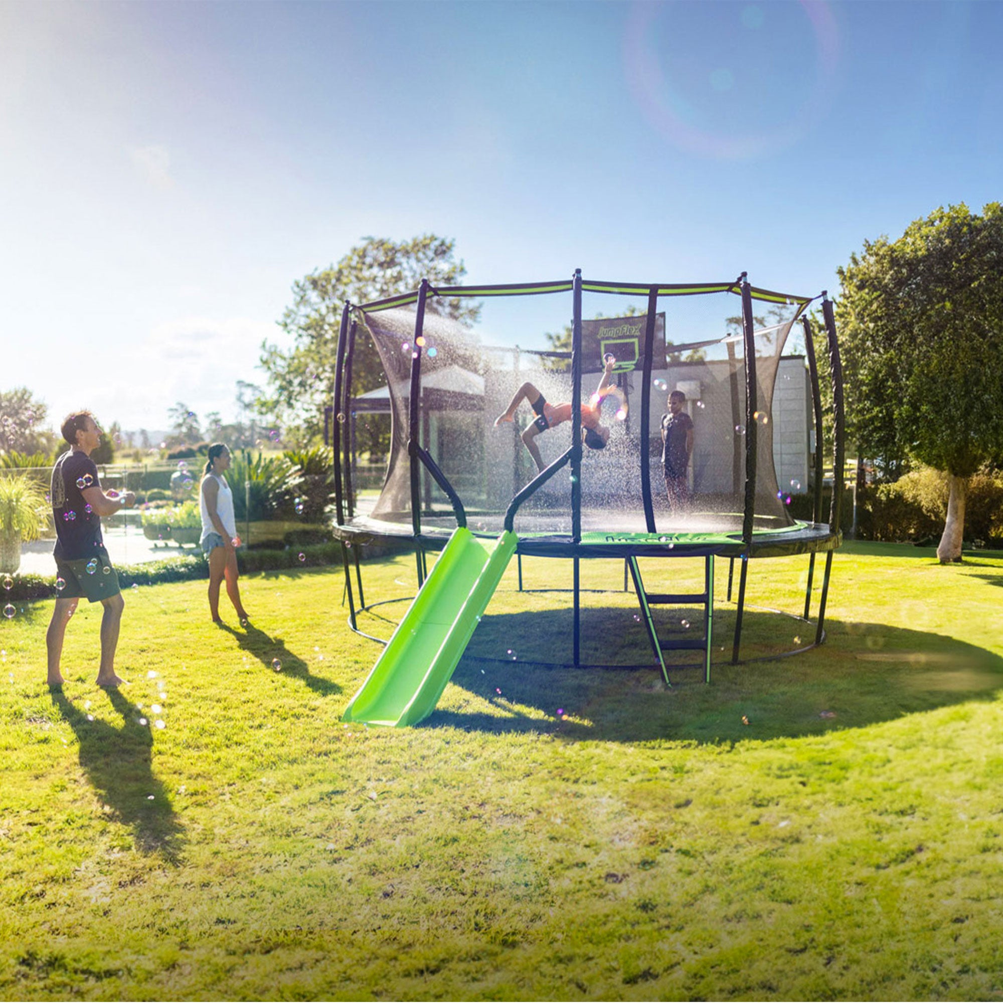 JumpFlex HERO 15' Trampoline with PROJAM Hero Basketball Hoop and Net Attachment