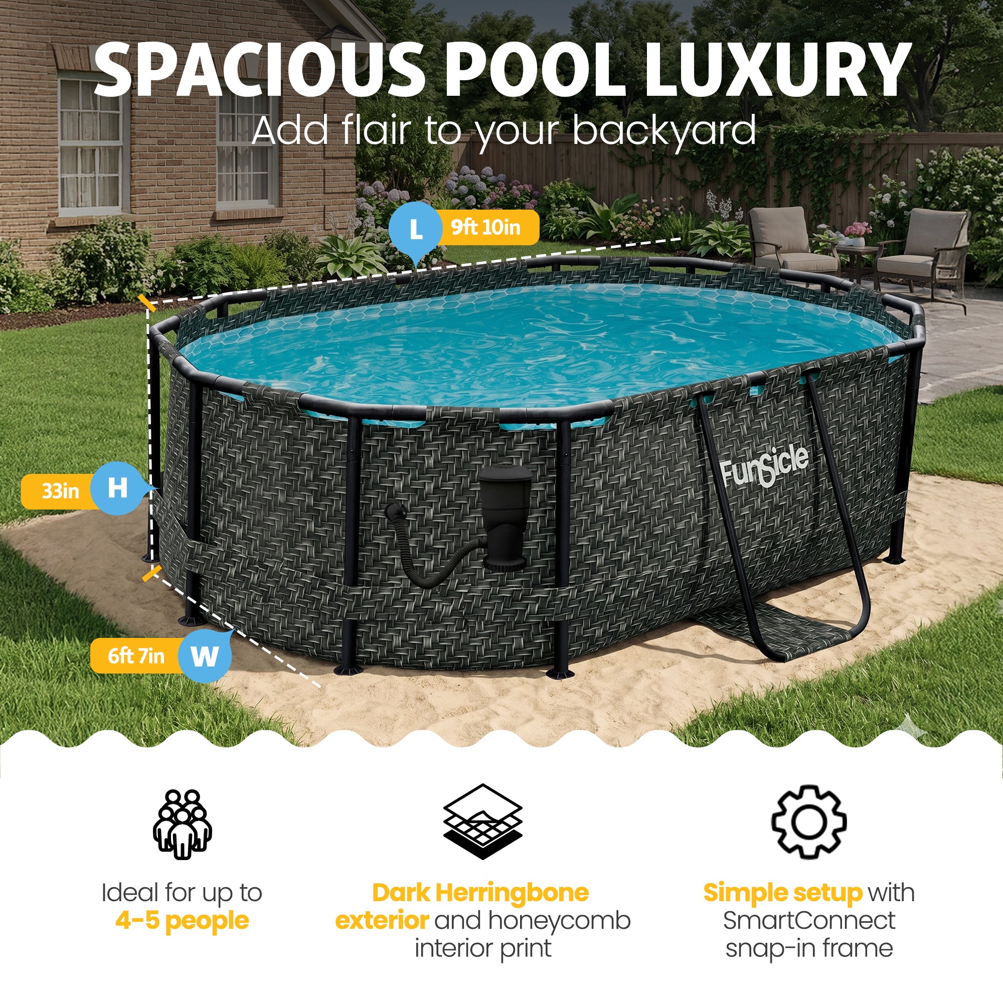 Funsicle 9'10" x 6'7" Oval Above Ground Swimming Pool, Dark Herringbone (Used) - VMInnovations