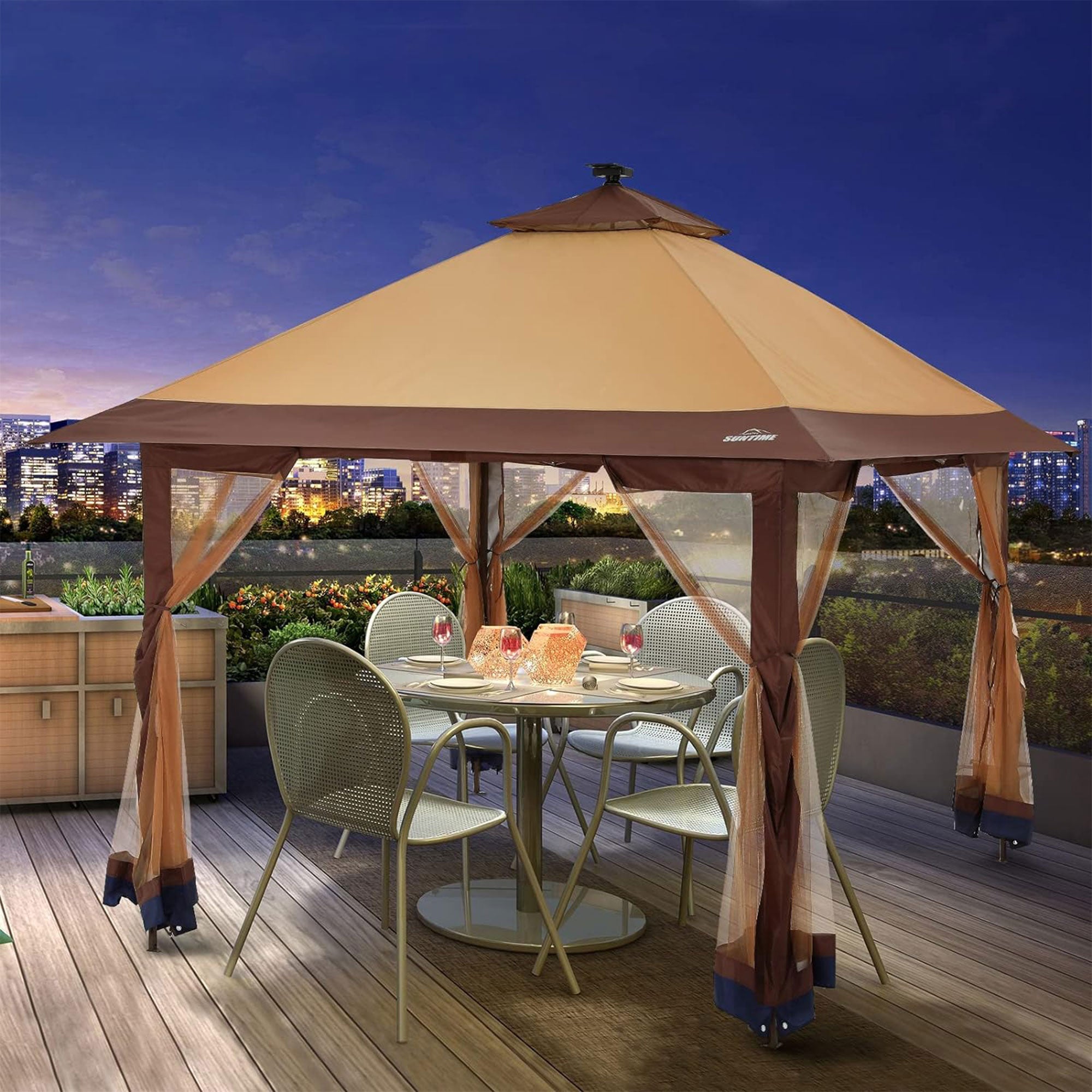 Suntime 12x12 Pop Up Gazebo Solar Light Screen Canopy Tent Cover, Brown (Used) - VMInnovations