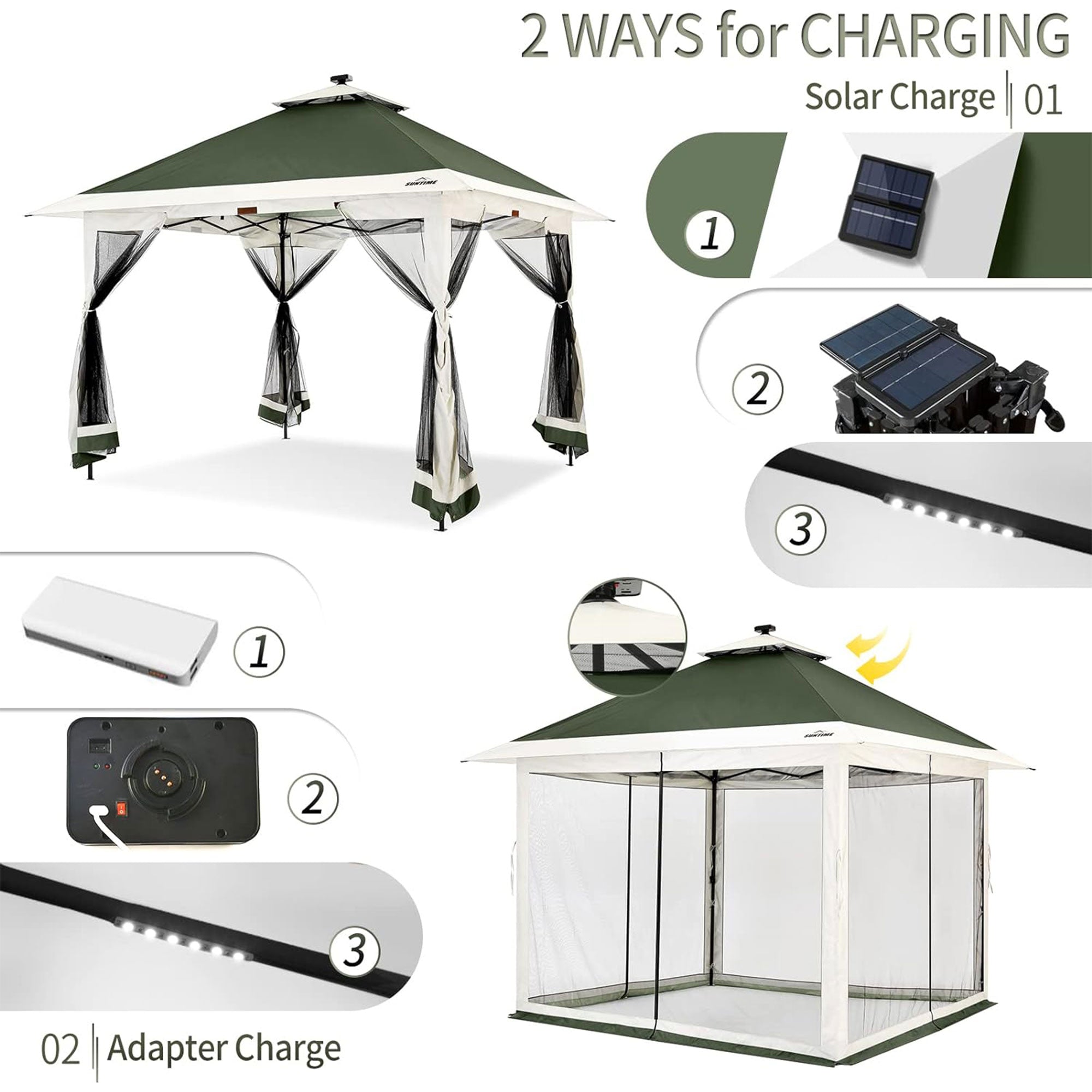 12x12 Pop Up Gazebo Solar Light Screen Canopy Tent Cover, Green (Open Box) - VMInnovations