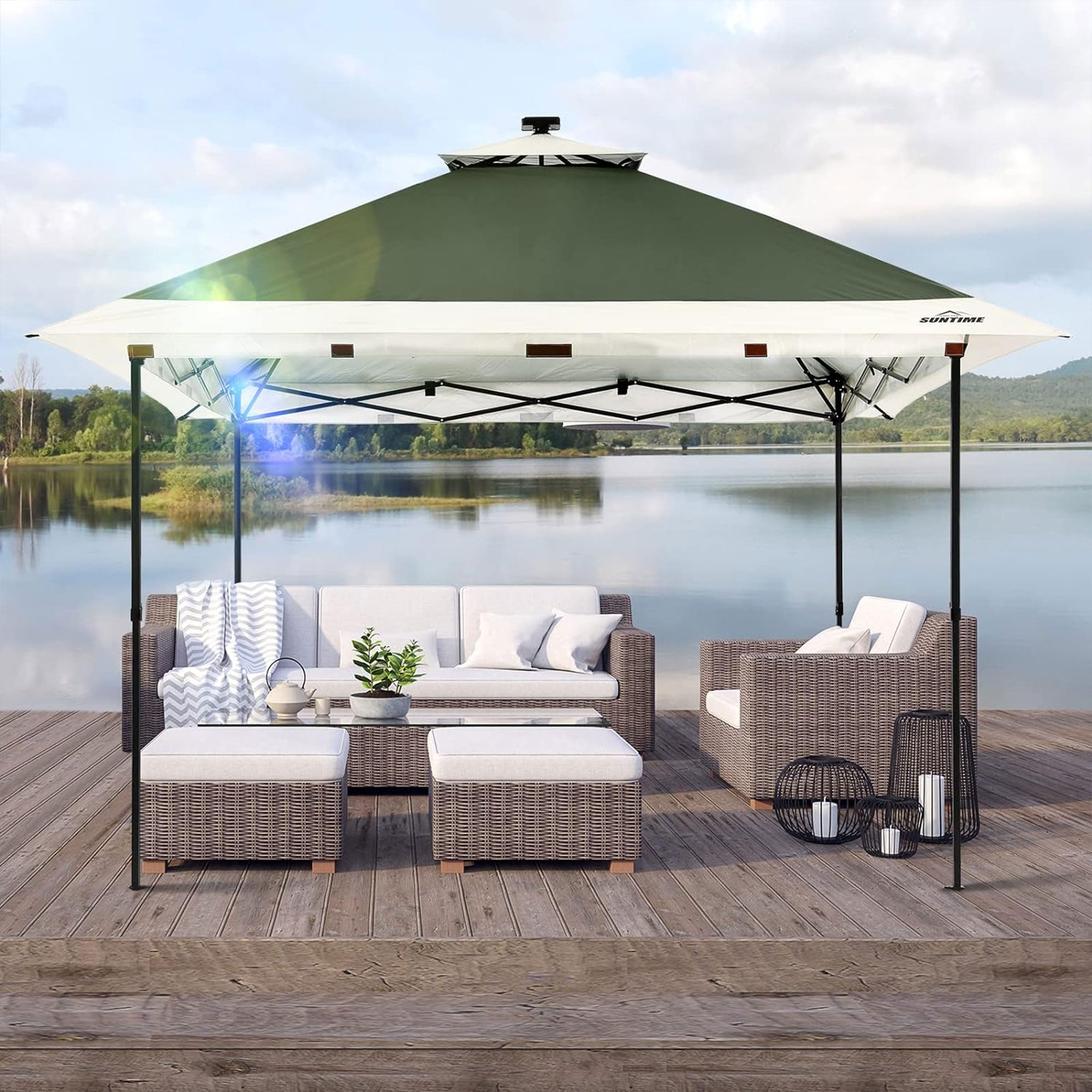 Suntime 12x12 Pop Up Gazebo Solar Light Screen Canopy Tent Cover, Green (Used)