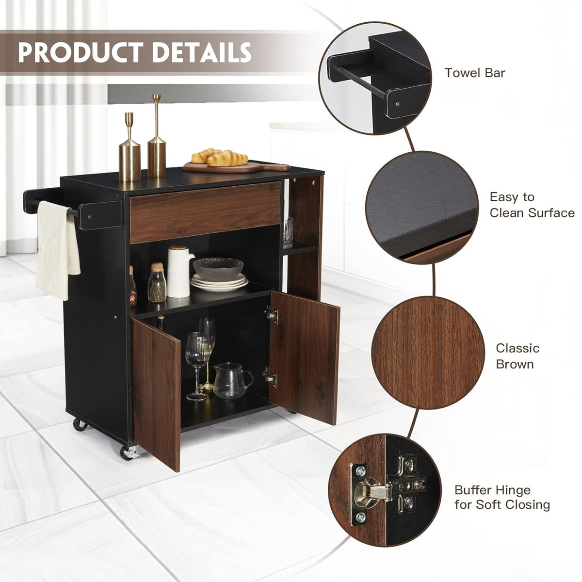 JOMEED Home Island Rolling Cart with Storage Drawers & Towel Rack (Open Box)