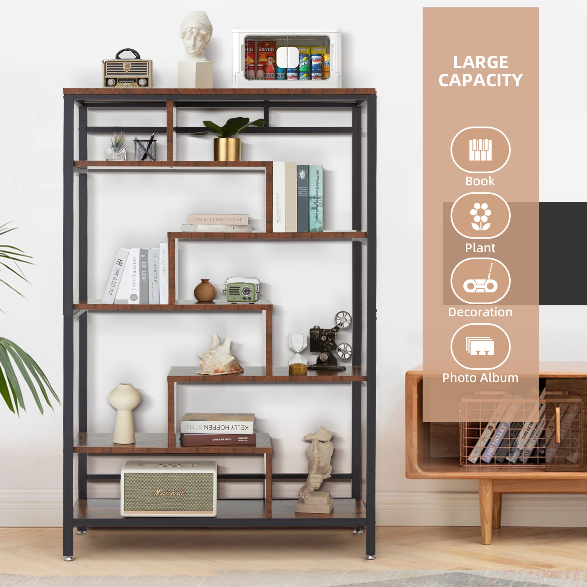 JOMEED 7 Tier Industrial Steel Open Display Asymmetrical Bookshelf Organizer - VMInnovations