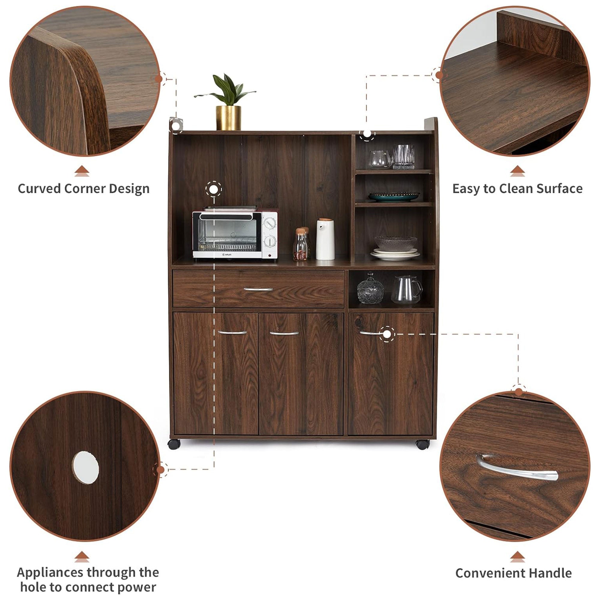 JOMEED Kitchen Pantry Microwave Storage Cabinet with Wheels, Drawer, and Shelves - VMInnovations