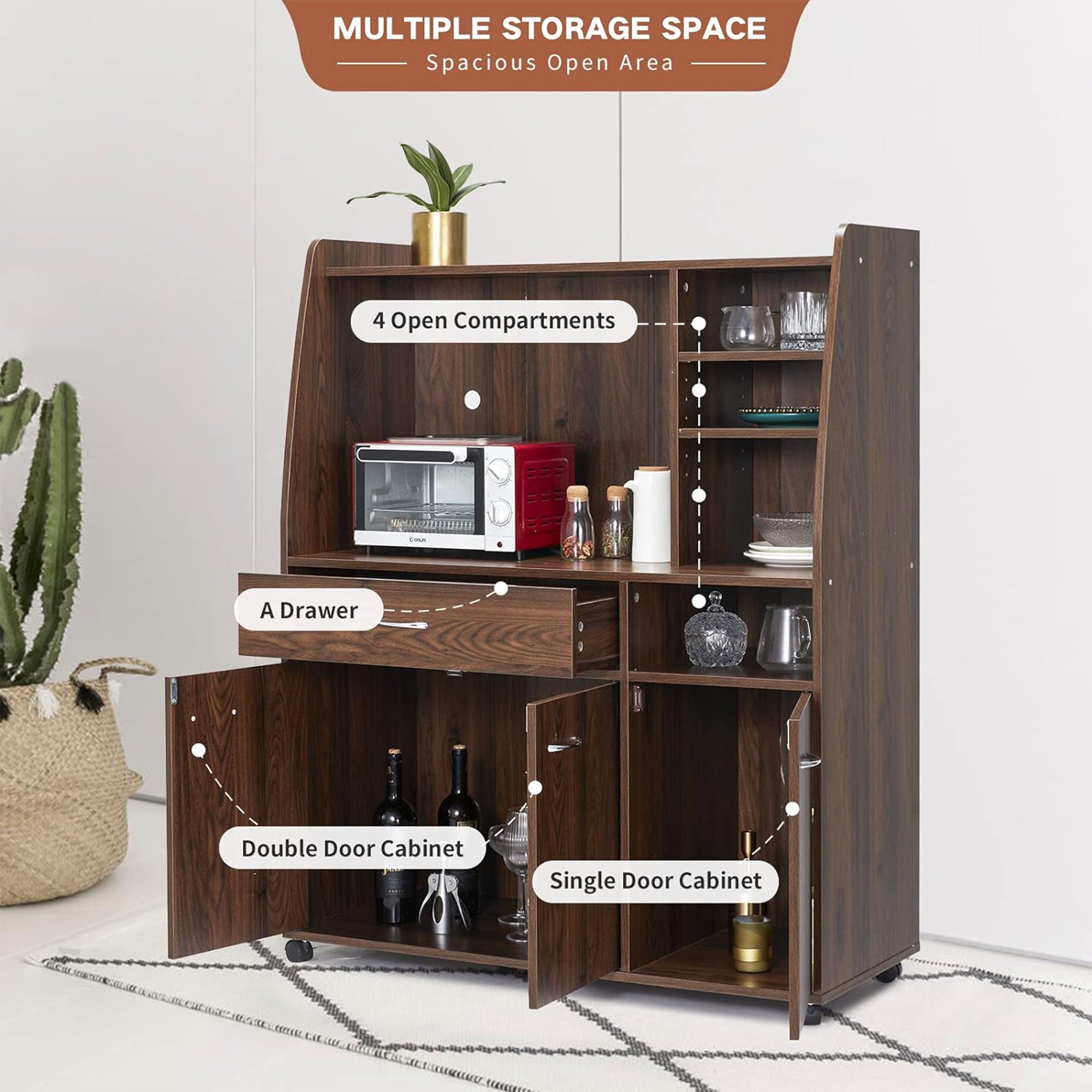 JOMEED Kitchen Pantry Microwave Storage Cabinet with Wheels, Drawer, and Shelves - VMInnovations
