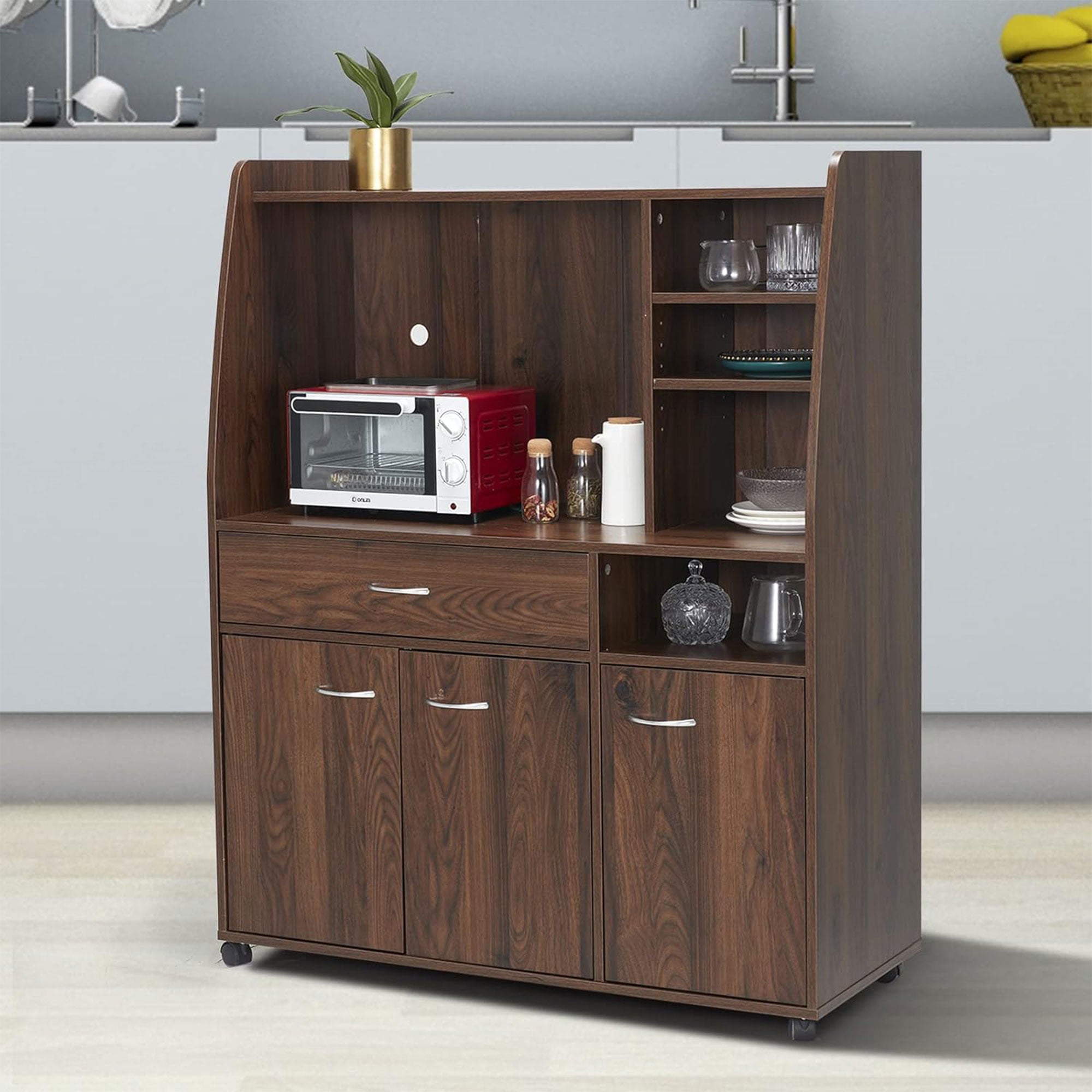 JOMEED Kitchen Pantry Microwave Storage Cabinet with Wheels, Drawer, and Shelves - VMInnovations