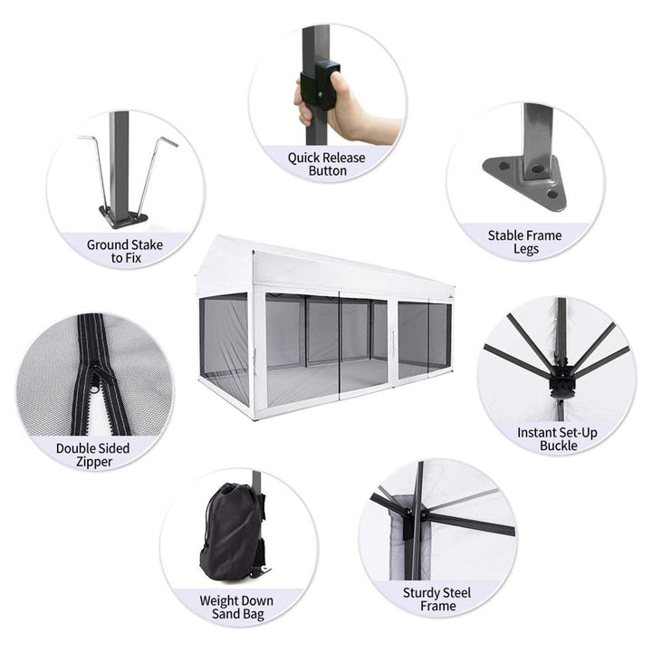 Suntime 10' x 20' Easy Pop Up Rectangular Canopy with Removable Sidewalls, White - VMInnovations