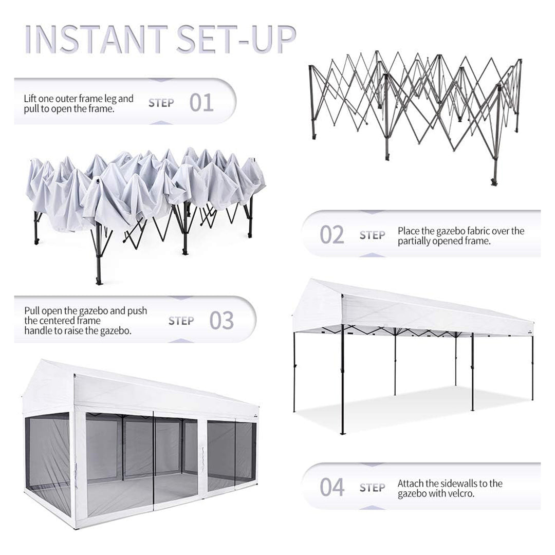Suntime 10' x 20' Easy Pop Up Rectangular Canopy with Removable Sidewalls, White - VMInnovations