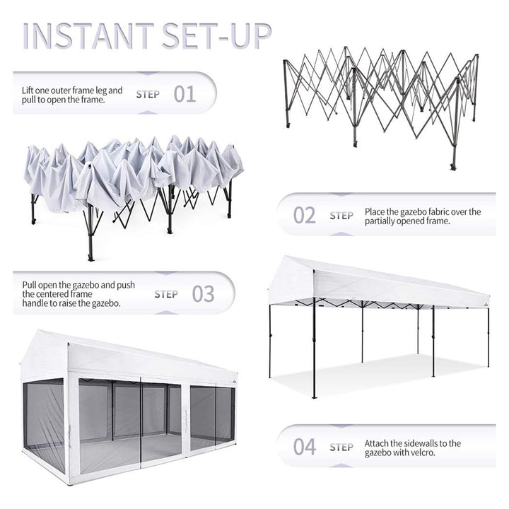 Suntime 10' x 20' Easy Pop Up Rectangular Canopy with Removable Sidewalls, White - VMInnovations