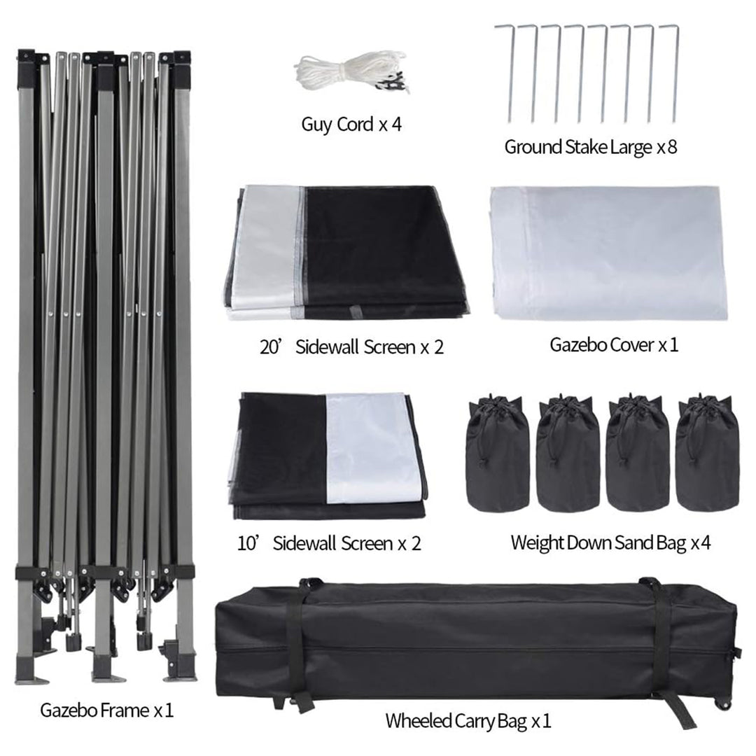 Suntime 10' x 20' Easy Pop Up Rectangular Canopy with Removable Sidewalls, White - VMInnovations