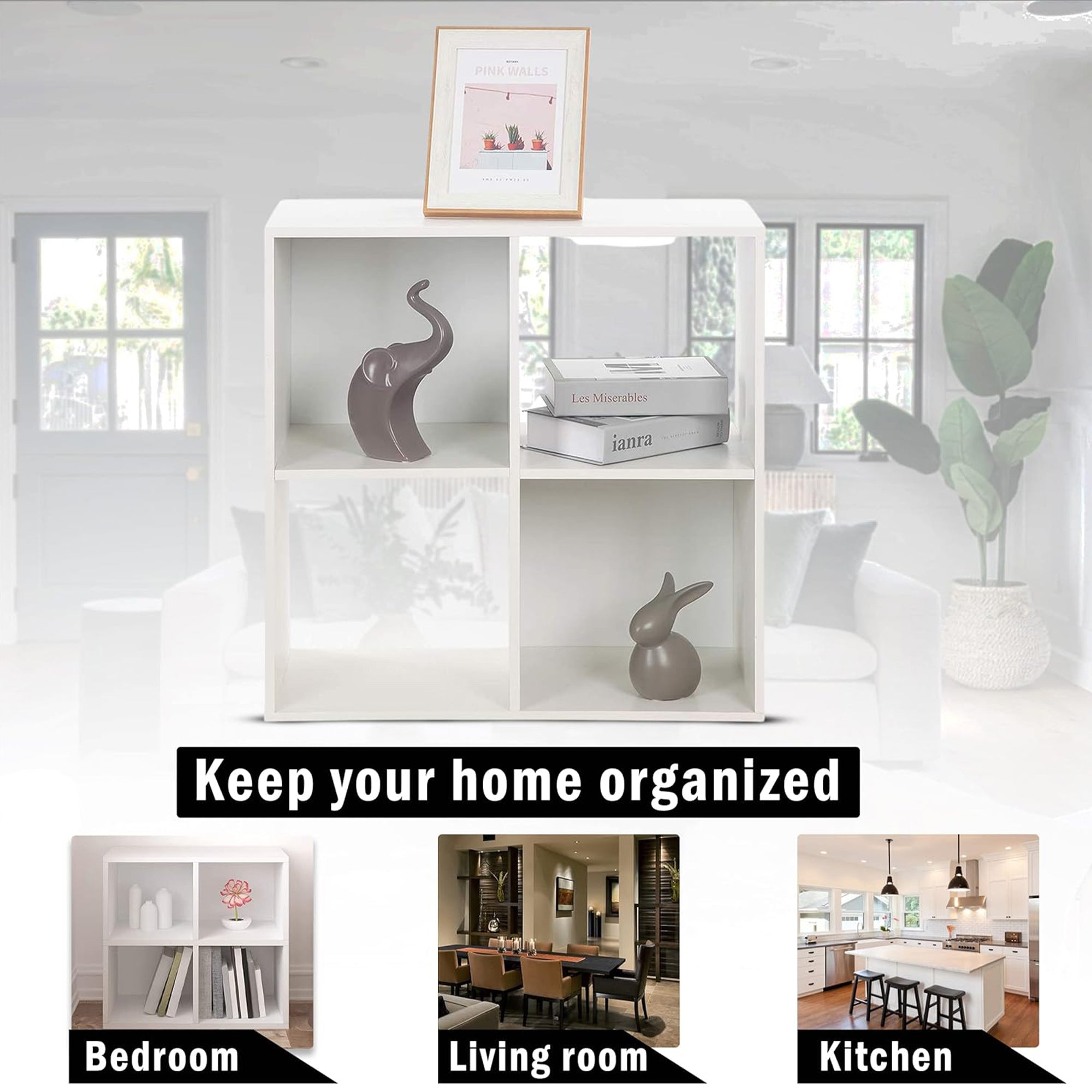 Juggernaut Storage 4 Cube Wooden Storage Shelf Bookshelf Home Organizer, White - VMInnovations