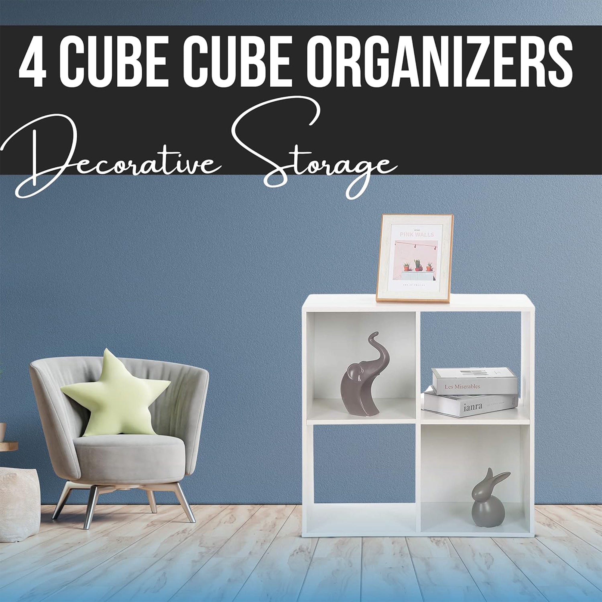 Juggernaut Storage 4 Cube Wooden Storage Shelf Bookshelf Home Organizer, White - VMInnovations