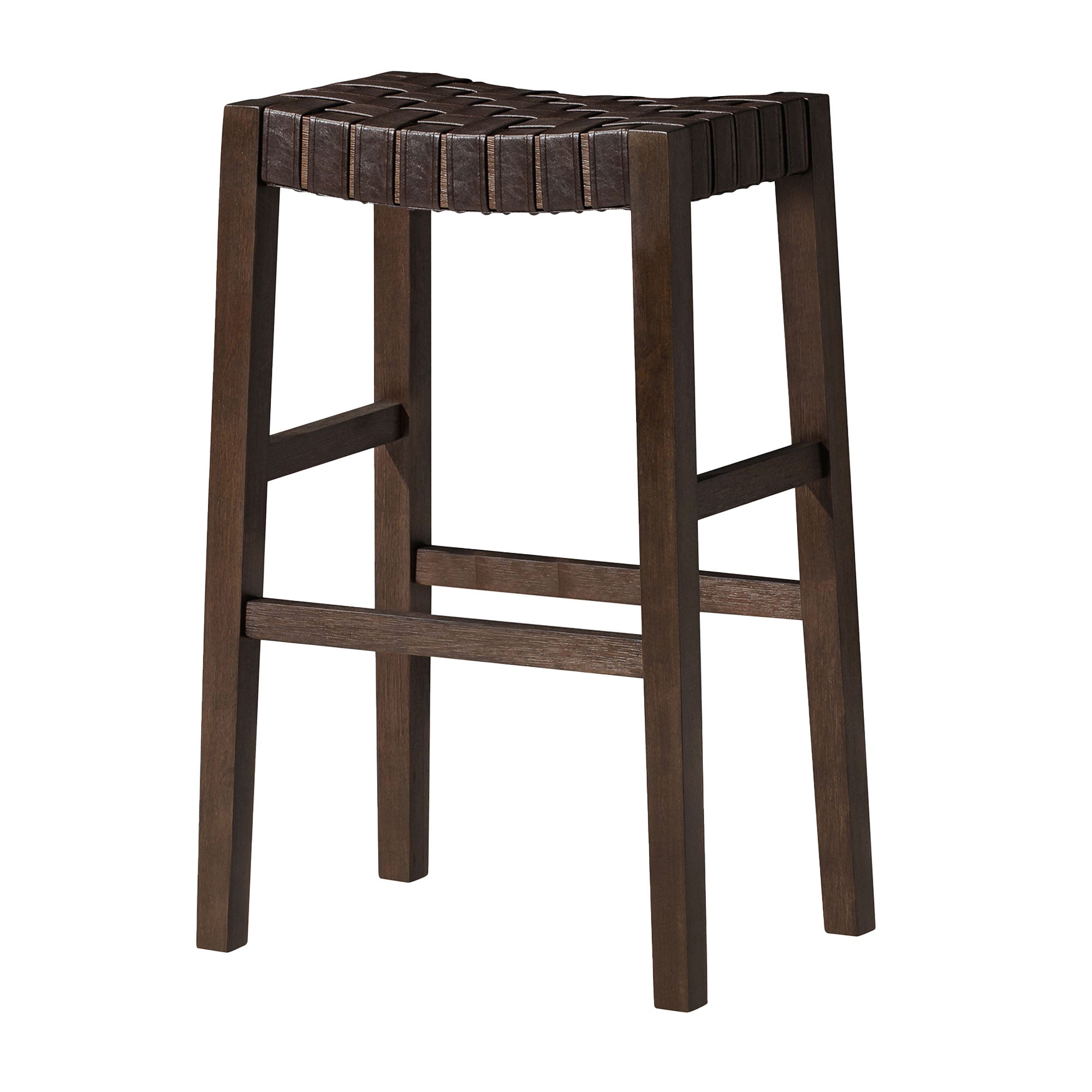 Maven Lane Emerson Bar Stool, Weathered Brown Wood Finish with Marksman Saddle Vegan Leather - VMInnovations