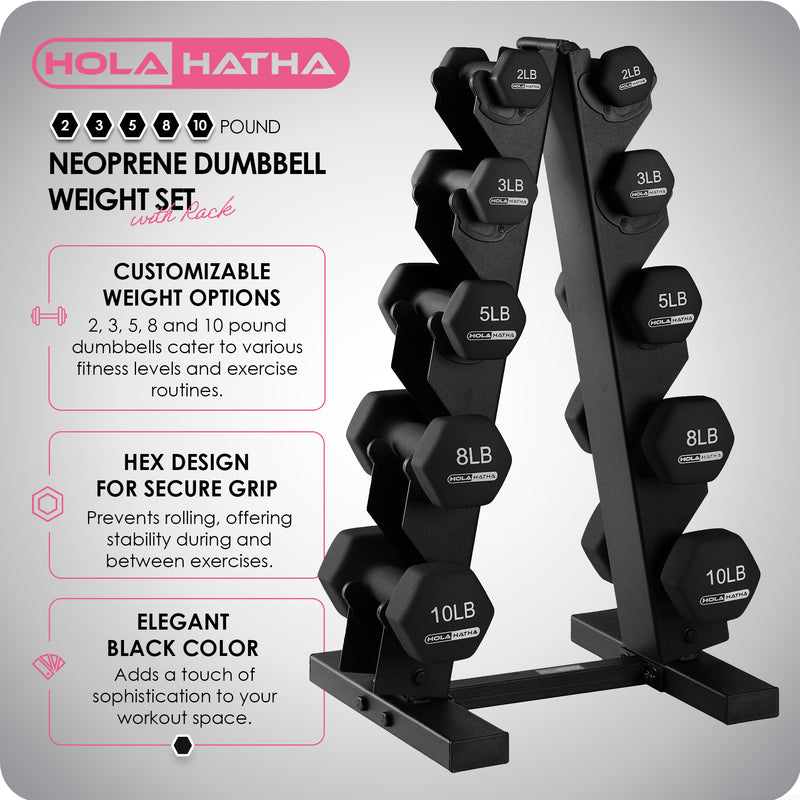 HolaHatha 2, 3, 5, 8 & 10lb Neoprene Dumbbell Set w/Storage Rack (Open Box)