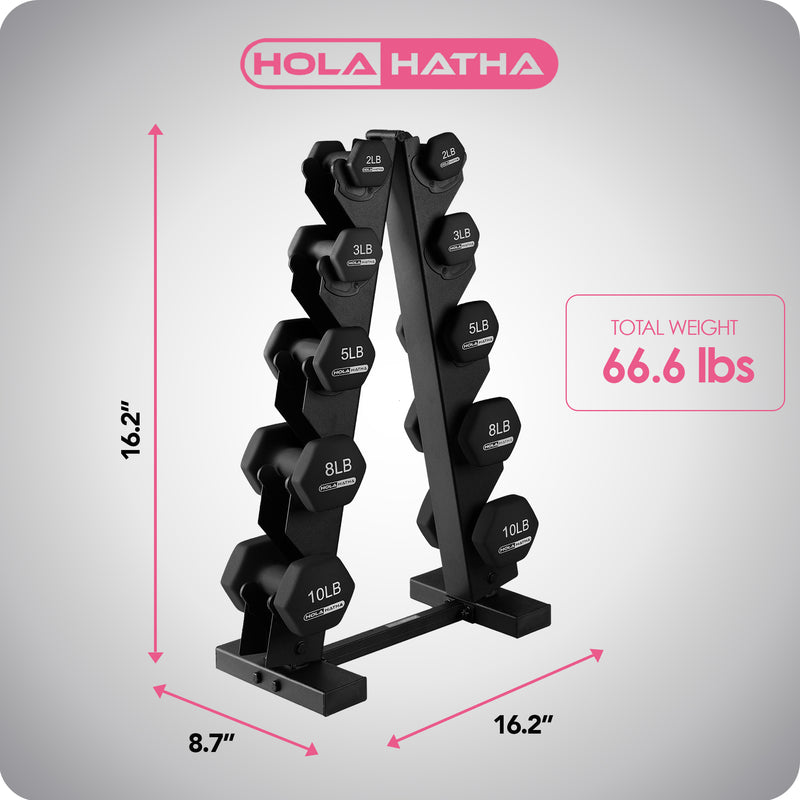 HolaHatha 2, 3, 5, 8 & 10lb Neoprene Dumbbell Weight Set with Storage Rack(Used)
