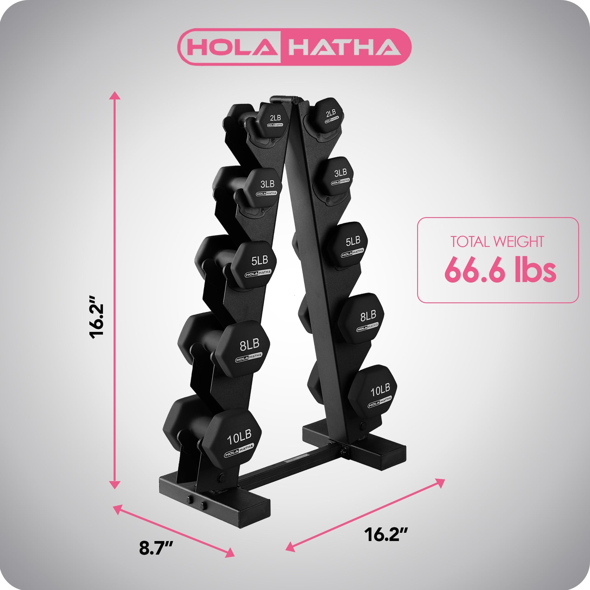 HolaHatha 2, 3, 5, 8 & 10lb Neoprene Dumbbell Set w/Storage Rack (For Parts) - VMInnovations