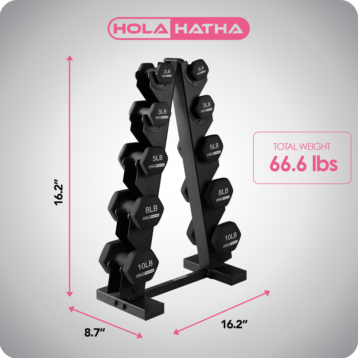 HolaHatha 2, 3, 5, 8 & 10lb Neoprene Dumbbell Set w/Storage Rack (Open Box) - VMInnovations