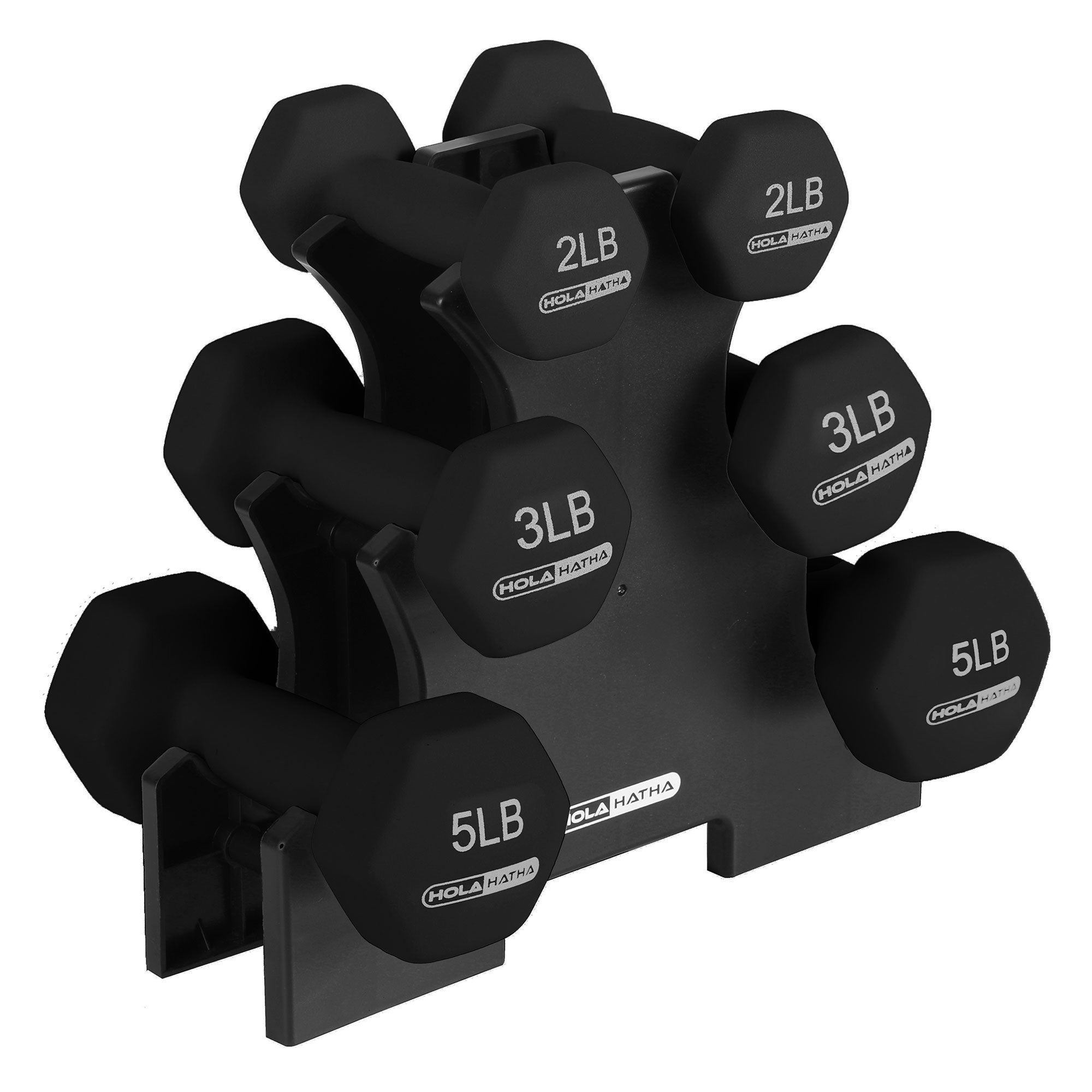 HolaHatha 2, 3, and 5 Pound Dumbbell Free Hand Weight Set w/Rack, Black (Used) - VMInnovations