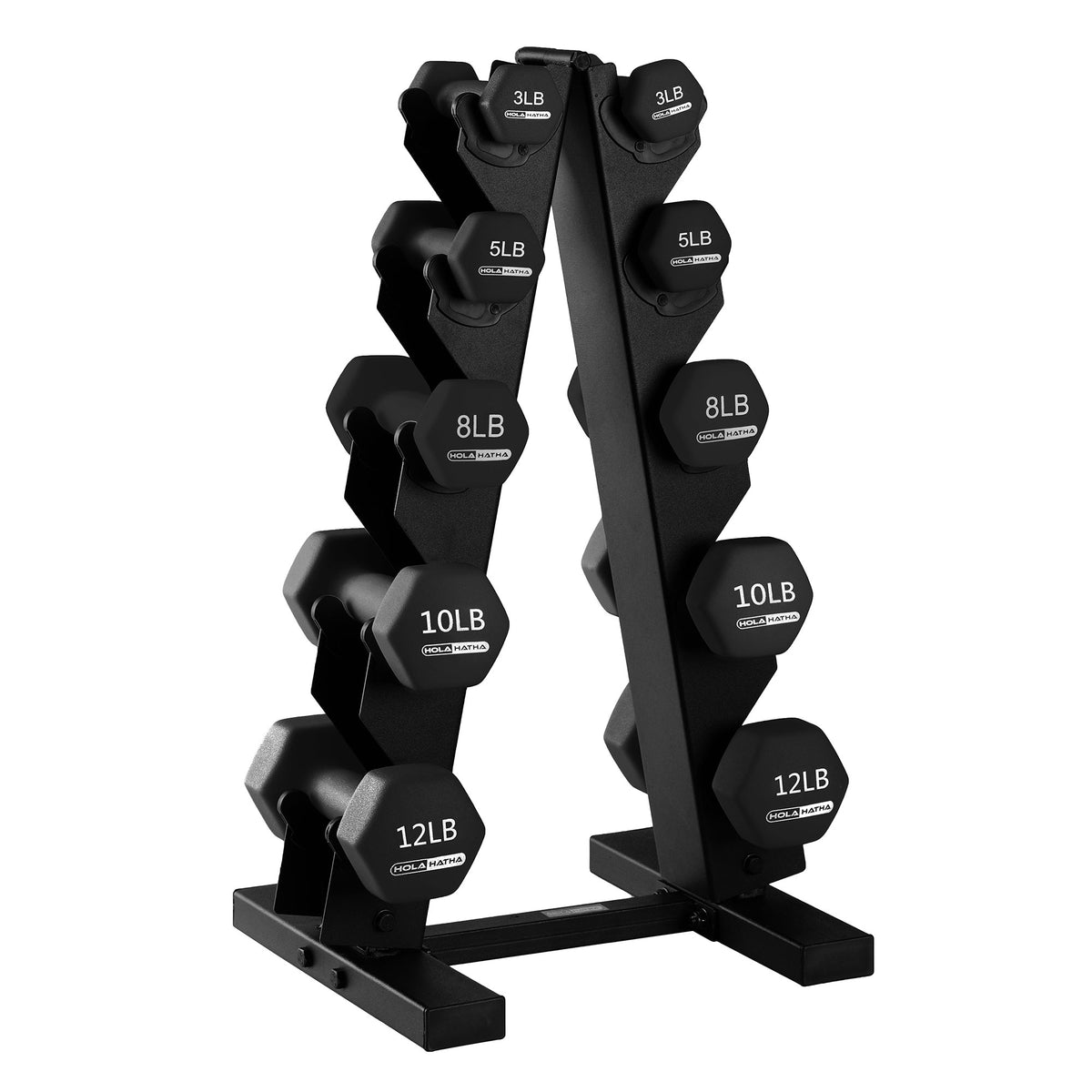 HolaHatha Neoprene Coated Dumbbell Weight Set w/Storage Rack, Black(Open Box) - VMInnovations