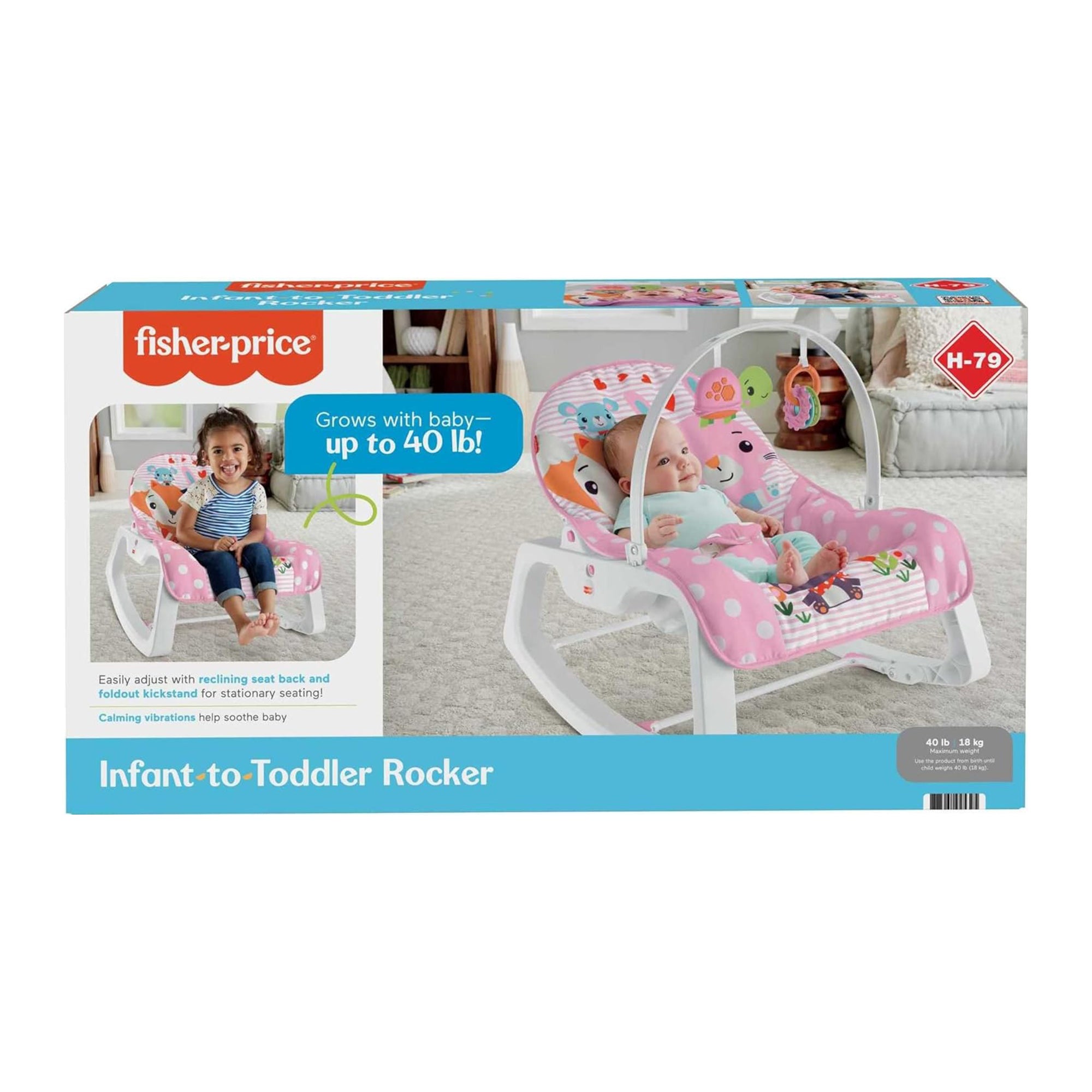 Fisher-Price Infant to Toddler Rocker with Removable Toy Bar, Pink Critters