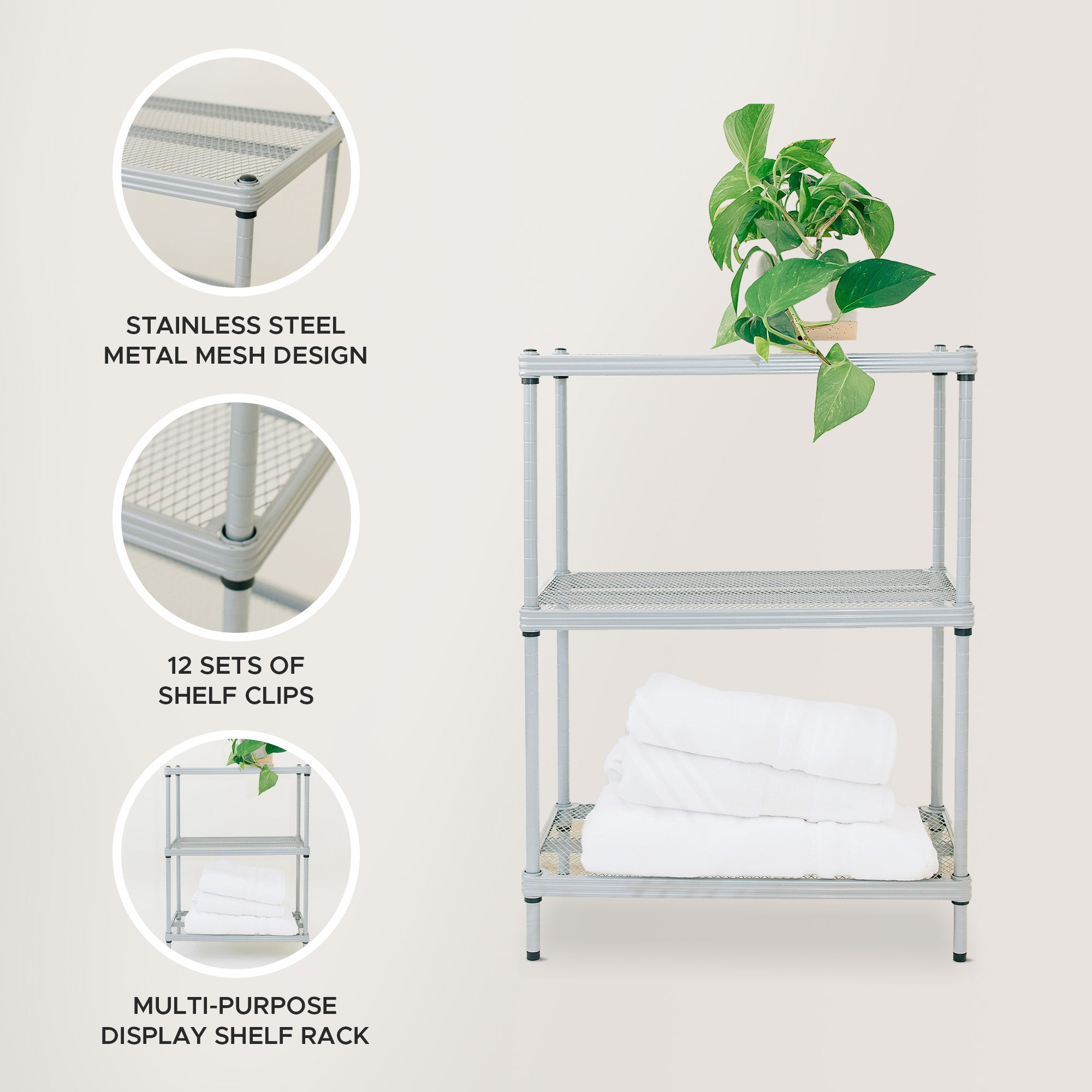 Design Ideas 3 Tier Full-Size Metal Storage Shelving Unit Rack, Silver(Open Box) - VMInnovations