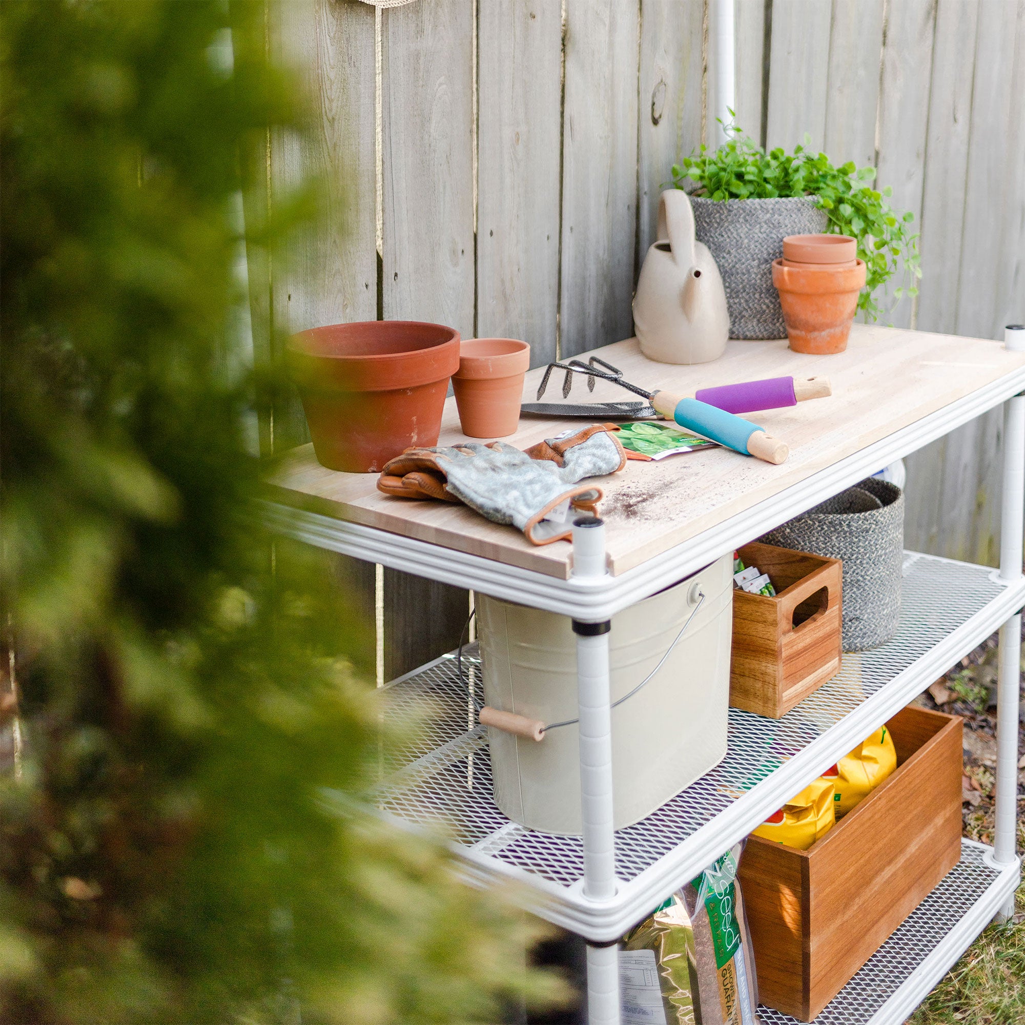 Design Ideas MeshWorks Metal Storage Utility Wood Top Shelving Unit Rack, White - VMInnovations