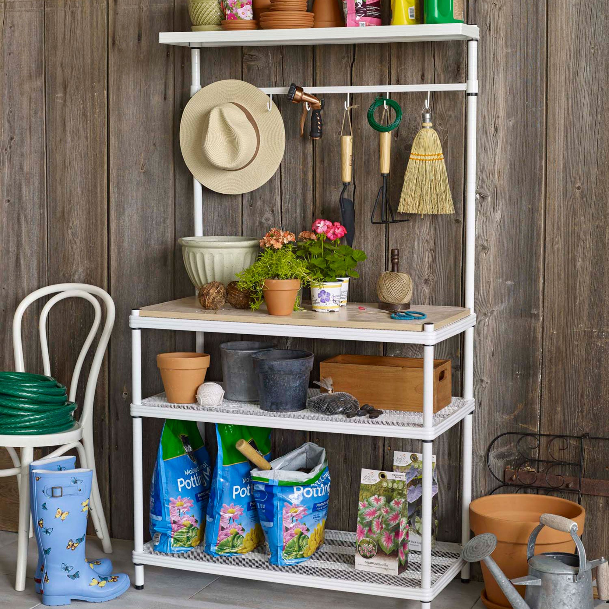 Design Ideas Metal Storage Utility Wood Top Shelving Unit Rack, Black (Used) - VMInnovations