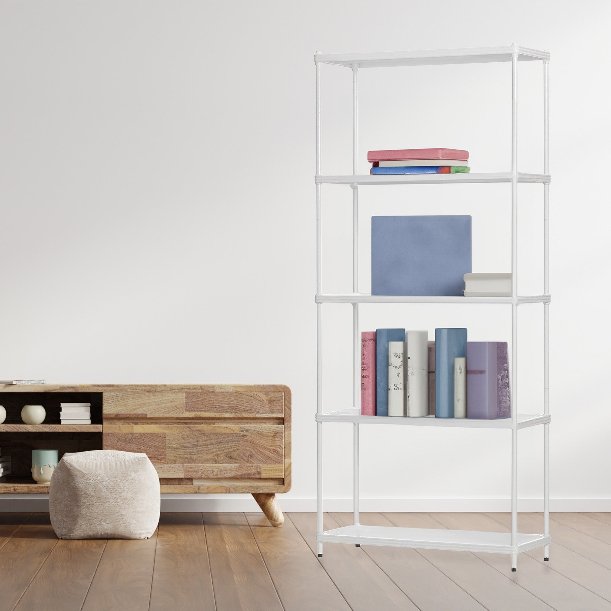 Design Ideas MeshWorks 5 Tier Metal Storage Shelving Unit Rack Bookshelf, White - VMInnovations