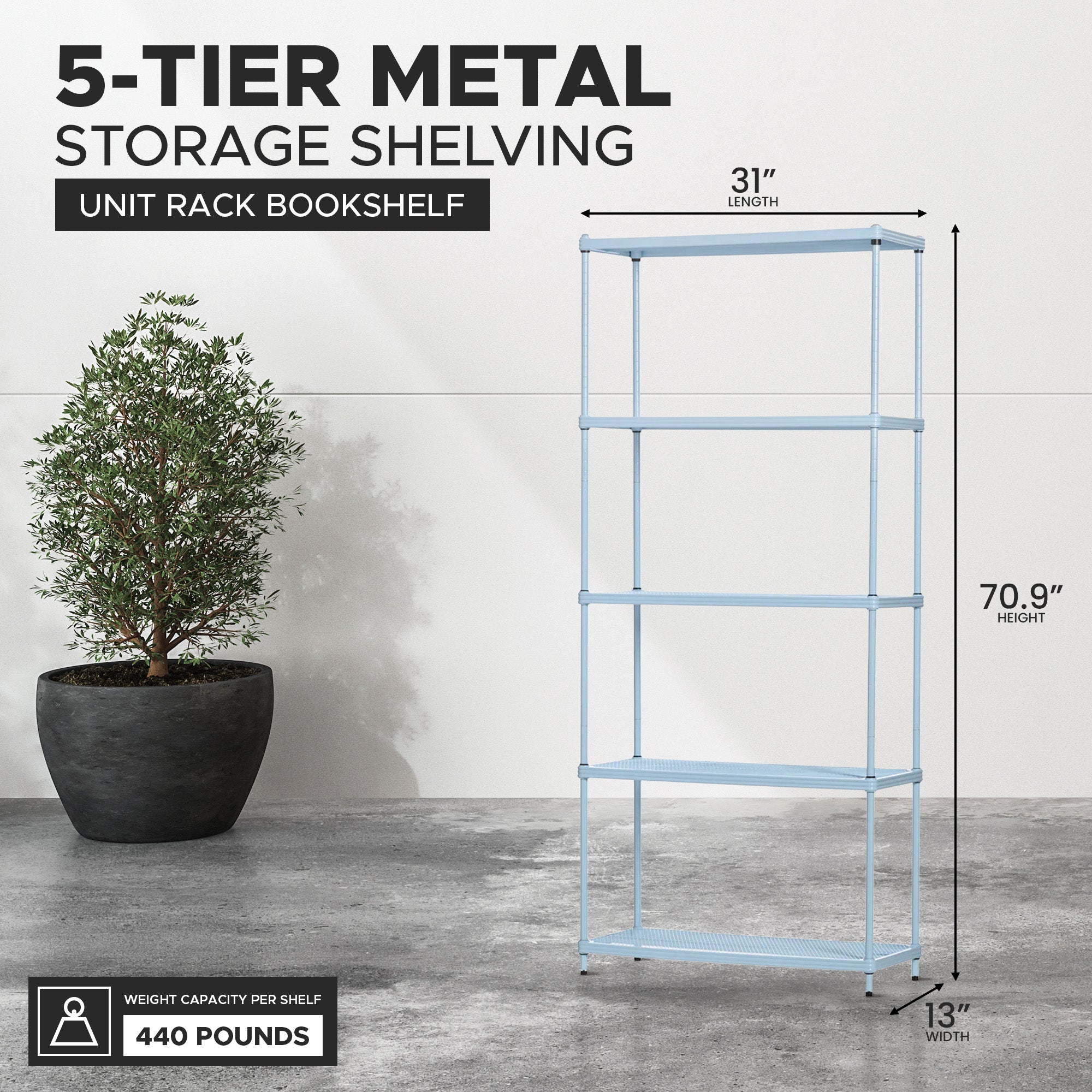 Design Ideas MeshWorks 5 Tier Metal Storage Shelving Unit Rack Bookshelf, Blue - VMInnovations