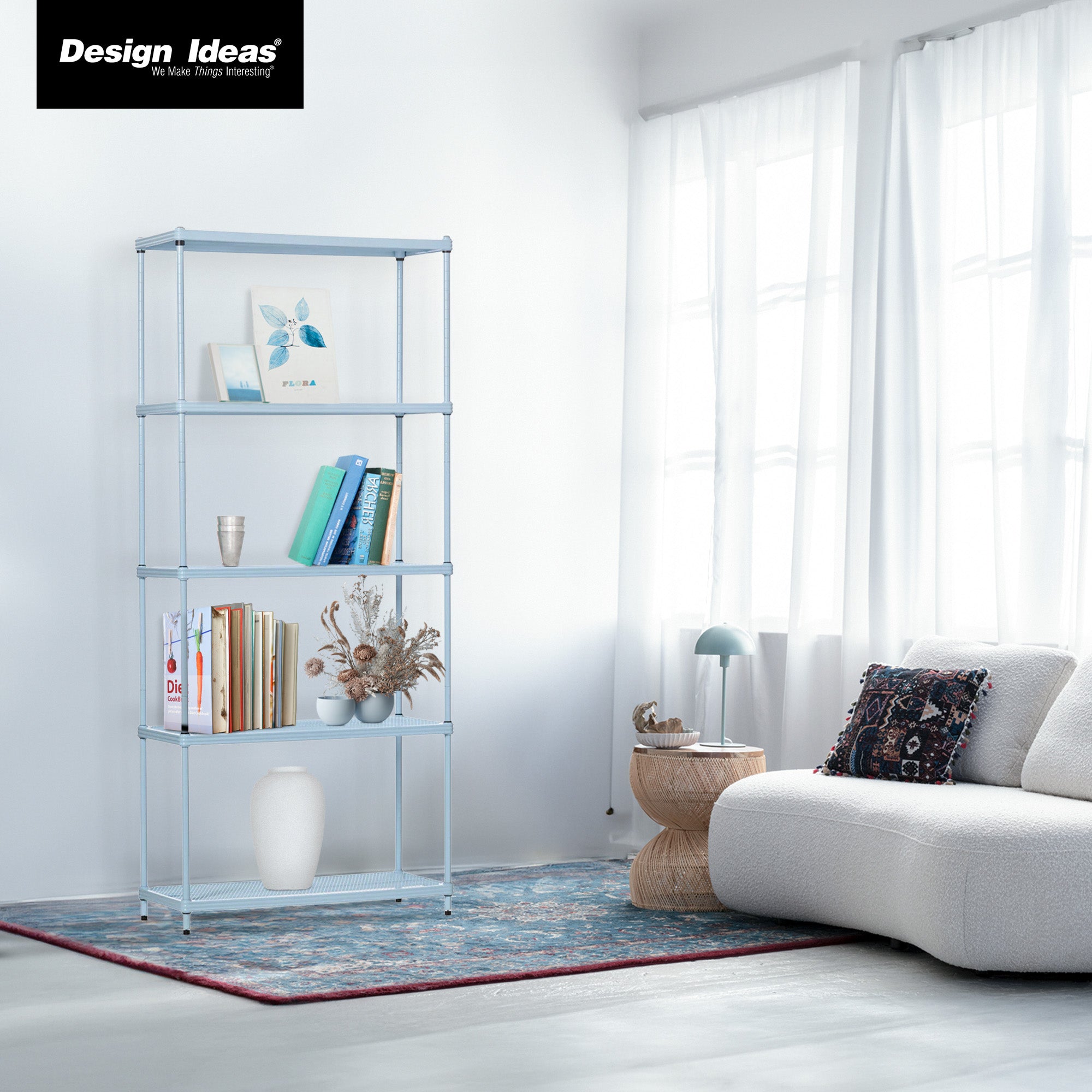 Design Ideas MeshWorks 5 Tier Metal Storage Shelving Unit Rack Bookshelf, Blue - VMInnovations