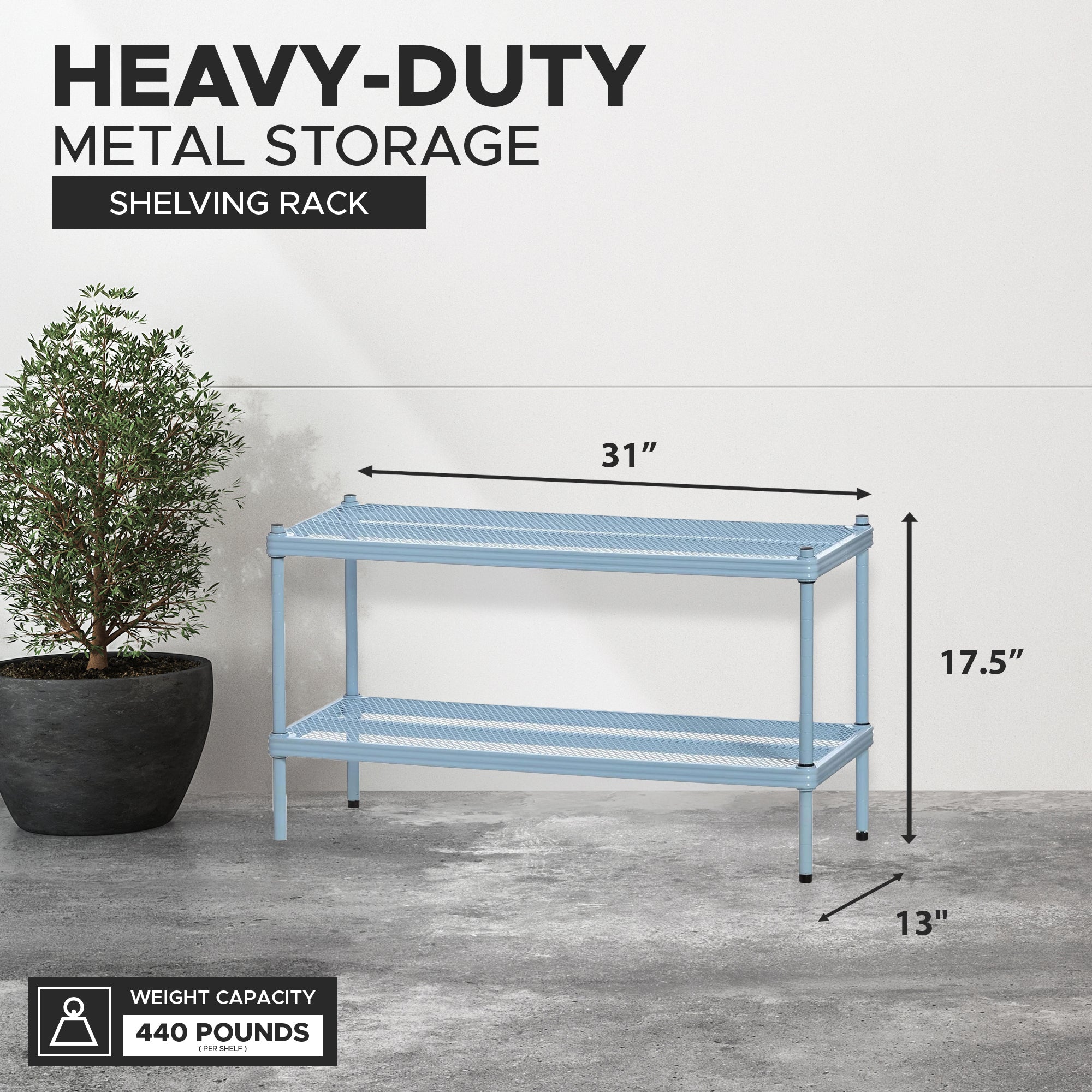 Design Ideas 2 Tier Full Metal Storage Shelving Unit Rack, Sky Blue (Open Box) - VMInnovations